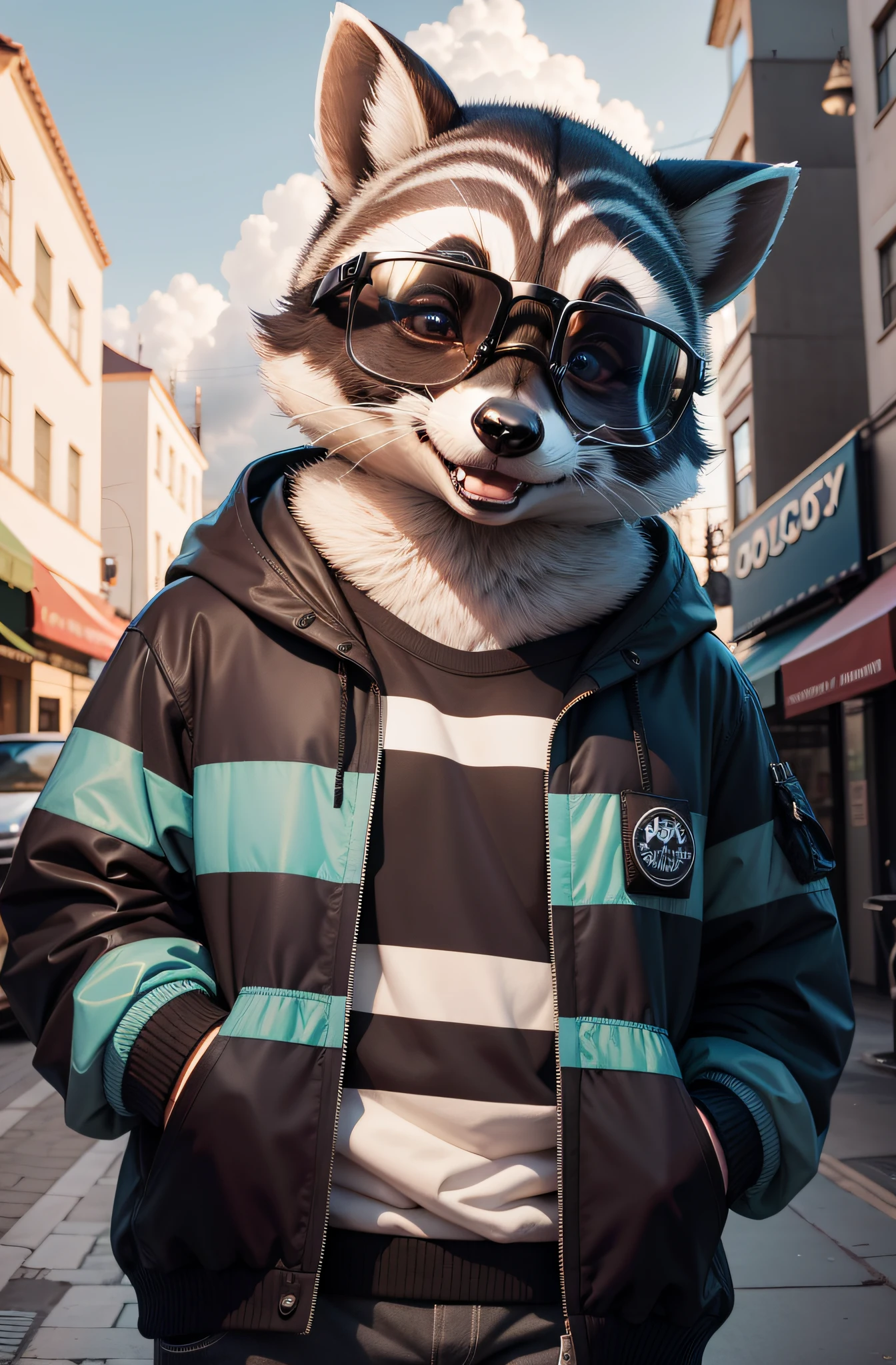 stuffed raccoon Rocky Racon, moletom liso luxo , usando o capuz do moletom, with cell phone on hand, Ultra realista, olhando de frete, sozinho, bespectacled, amigavel, standingn, sorrindo, Feliz 4K