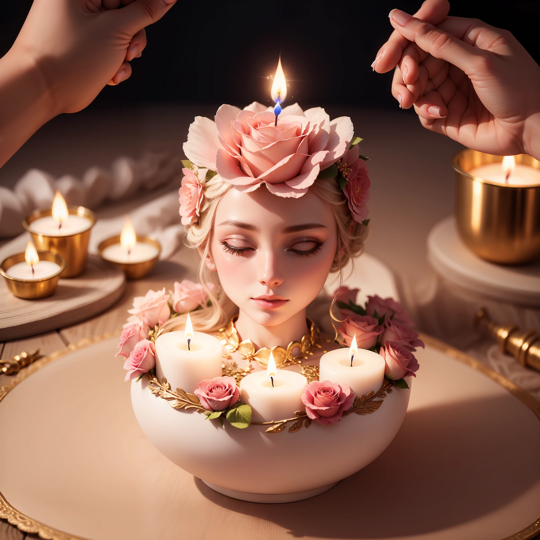 Photo of realistic hand holding flower candle, Vela rosa, vela com glitter, vela com chama iluminada, super realista, Hiper realista, 8k.