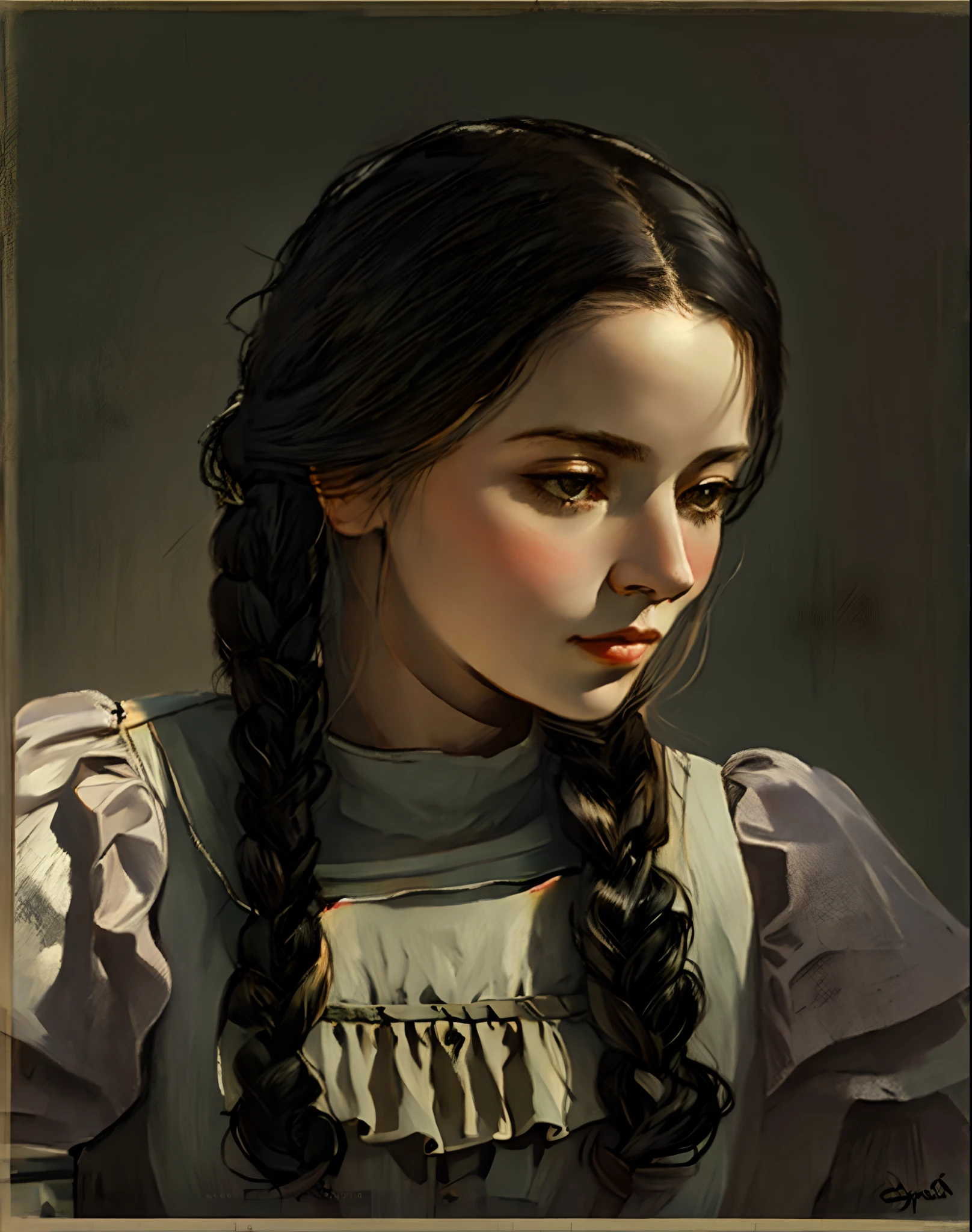 A drawing of a girl with long hair and a braid, inspirado por Constance-Anne Parker, inspirado por Francesco Hayez, Boceto de Martha Jungwirth, Obra maestra! Retrato de Arwen, inspirado por Thyrza Anne Leyshon, inspirado por Elizabeth Forbes, inspirado por Henriette Wyeth, inspirado por Harriet Backer,