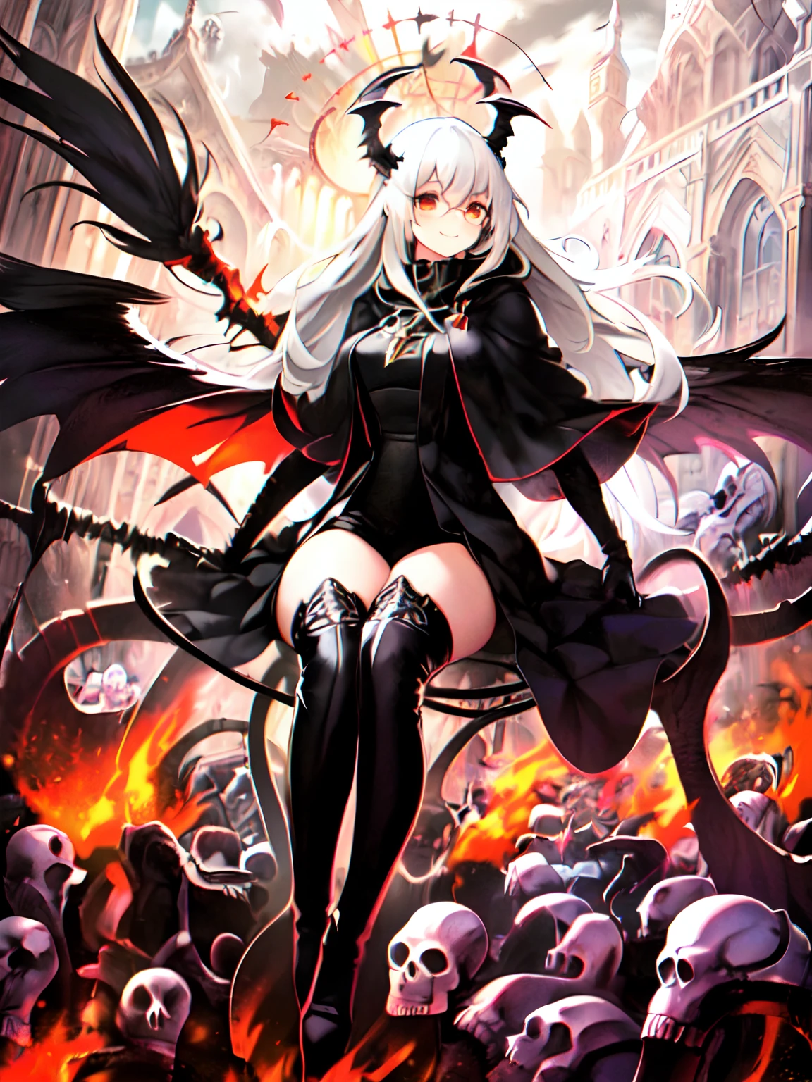 (Best quality), (Masterpiece), (An extremely detailed beauty:1.2),
1 girl, Vampire with red eyes and black coat, (Black and red feathered wings), (full bodyesbian), (Sitting)
Detailed beautiful face, Cute face, (Long white hair),, (Smile), (Black and red thigh boots)
(Black Church:1.2), (Church and red glass windows), Holy blood water (Floating feathers:1.2) falling from sky, (There are many gray black skeletons on the ground:1.25)