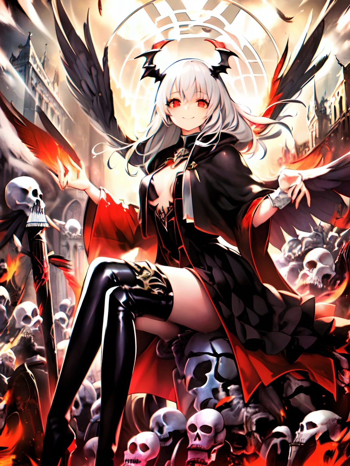 (Best quality), (Masterpiece), (An extremely detailed beauty:1.2),
1 girl, Vampire with red eyes and black coat, (Black and red feathered wings), (full bodyesbian), (Sitting)
Detailed beautiful face, Cute face, (Long white hair),, (Smile), (Black and red thigh boots)
(Black Church:1.2), (Church and red glass windows), Holy blood water (Floating feathers:1.2) falling from sky, (There are many gray black skeletons on the ground:1.25)