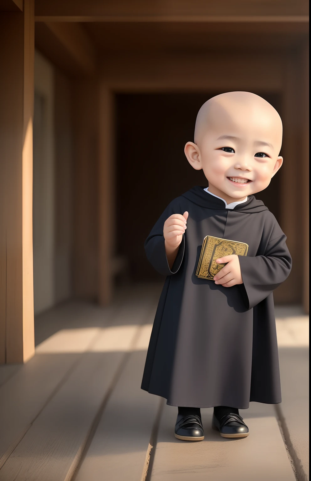 (masterpaintings), (need), (super-fine), (s whole body:1.2), A three-year-old little monk,The round face has big eyes,His nose was slightly upturned,There is always a sweet smile on the mouth,It looks very cute。 The little monk wears a loose black cassock,The clothes are embroidered with gold and scriptures,The little monk is bald,It seems particularly spiritual。 He did it there,Fold your hands,With a smile,As if silently praying。The whole person looks cute,People can't help but want to hug him。ultra-wide-angle, 8K, Hi-Def, true to life