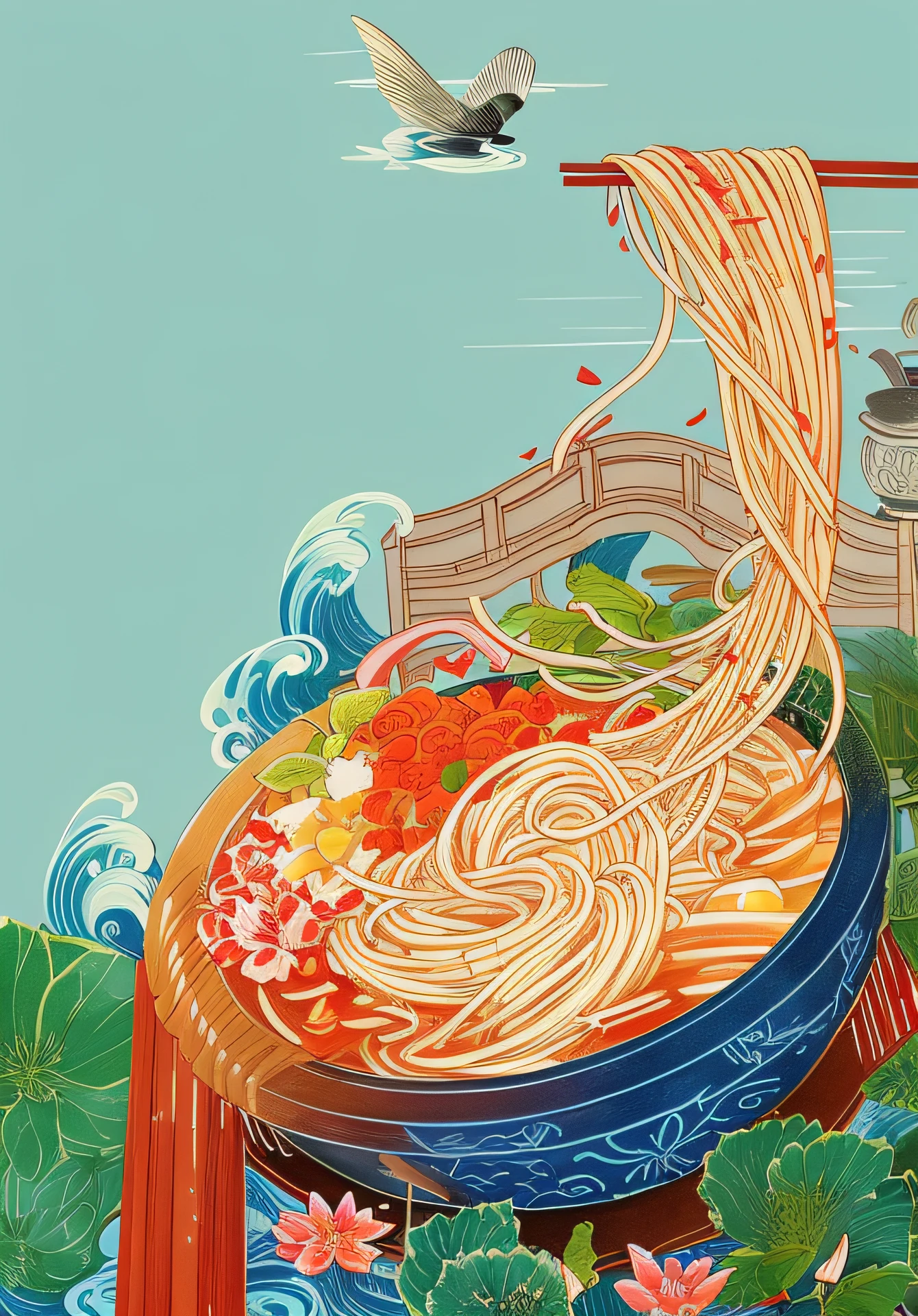 fundo vermelho,There is a bowl of noodles with chopsticks and chili peppers in the water,There are noodles in the bowl、chili pepper、peanuts、bamboo shoots,Chopsticks pick up the noodles,Amazing food illustration, A beautiful artwork illustration, Exquisite Chinese-style illustrations,Guochao illustration