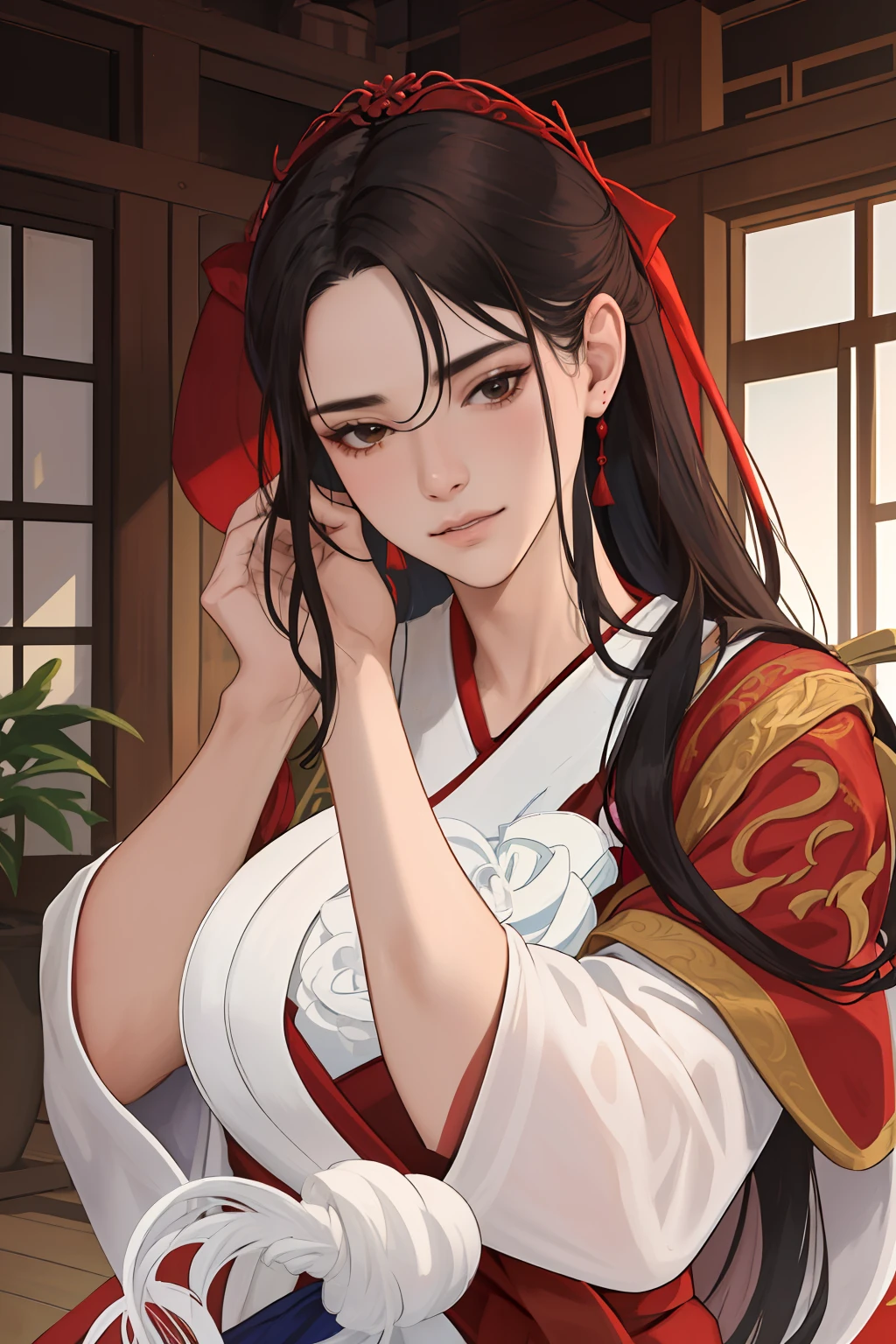 NSFW, obra-prima, melhor qualidade, ultra-detalhado, semi-realista, detailedfacialfeatures, 1woman,usando roupas velha wuxia,voluptuosa,sensual,cabelos negros longos,roupa vermelha escura,arrogante