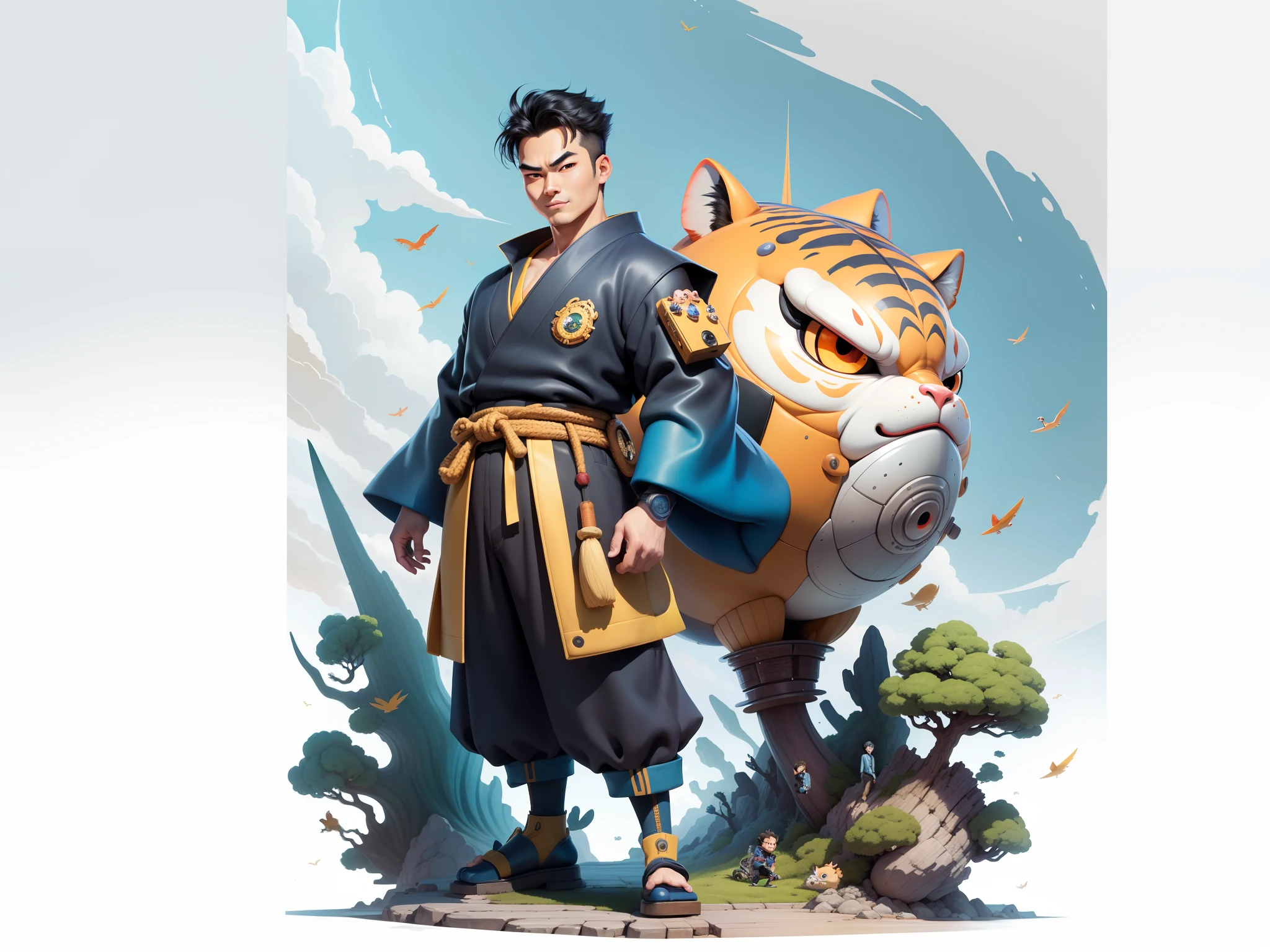 (Masterpiece), (Excellent), (Super Meticulous), (Full Body: 1.2), Super Young Man, Oriental Face, Japanese Kimono, Japanese Wind Thunder God, Dragon, Tiger, TV Anchor, Bust Portrait Illustration, Alone, Black Suit, Blue Tie, Slightly Chubby Face, Very Clean Face, No Beard, Black Super Short Hair, Black Eyes, Confident Smile, 3c Computer Sub-Products, iPad, iPhone, Digital Painting, 3D Character Design by Akira Toriyama and Mark Claireden and Pixar and Hayao Miyazaki, The illustration is a high-definition illustration in 4K resolution with very detailed facial features and cartoon-style visuals.