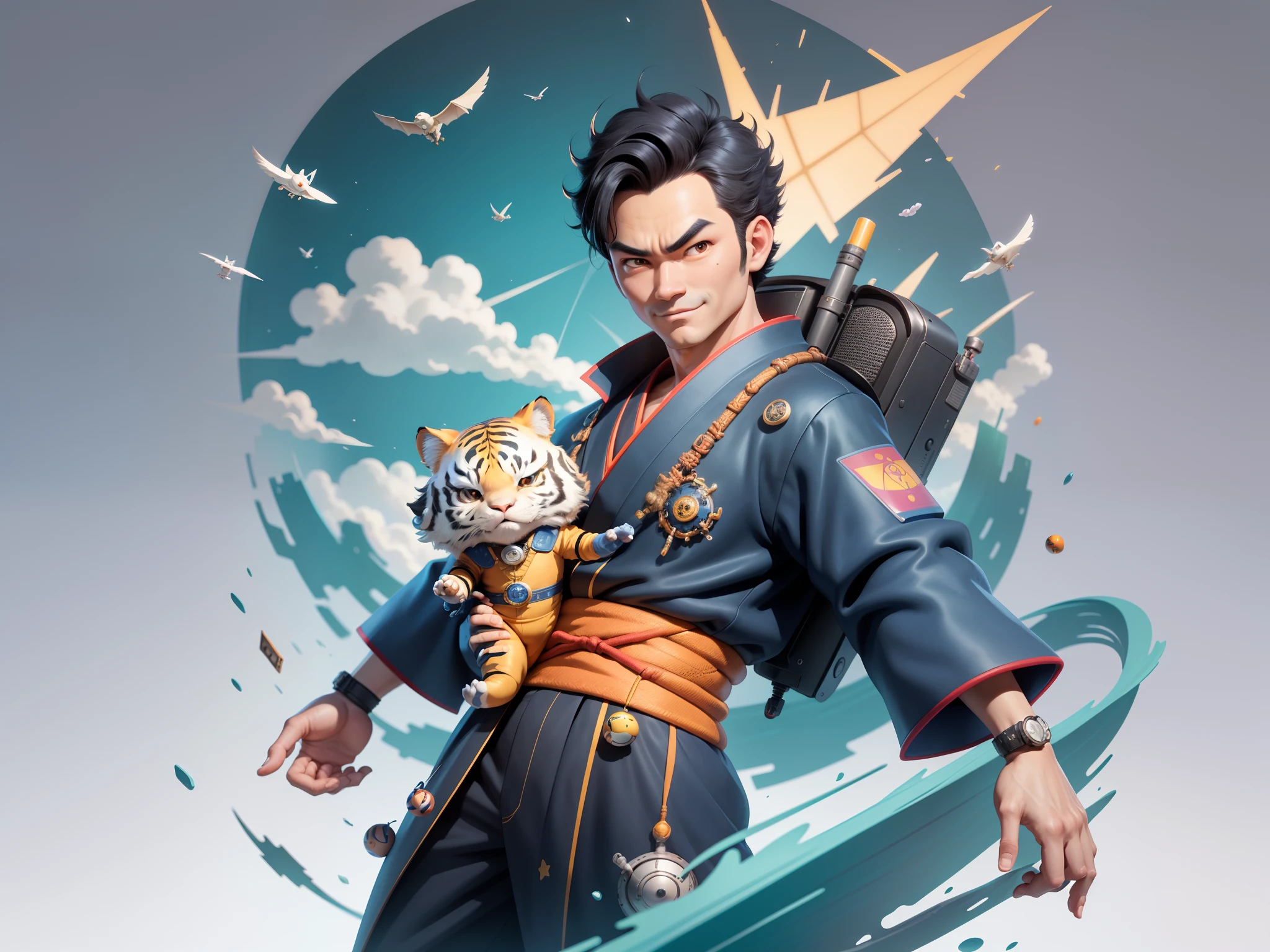 (Masterpiece), (Excellent), (Super Meticulous), (Full Body: 1.2), Super Young Man, Oriental Face, Japanese Kimono, Japanese Wind Thunder God, Dragon, Tiger, TV Anchor, Bust Portrait Illustration, Alone, Black Suit, Blue Tie, Slightly Chubby Face, Very Clean Face, No Beard, Black Super Short Hair, Black Eyes, Confident Smile, 3c Computer Sub-Products, iPad, iPhone, Digital Painting, 3D Character Design by Akira Toriyama and Mark Claireden and Pixar and Hayao Miyazaki, The illustration is a high-definition illustration in 4K resolution with very detailed facial features and cartoon-style visuals.