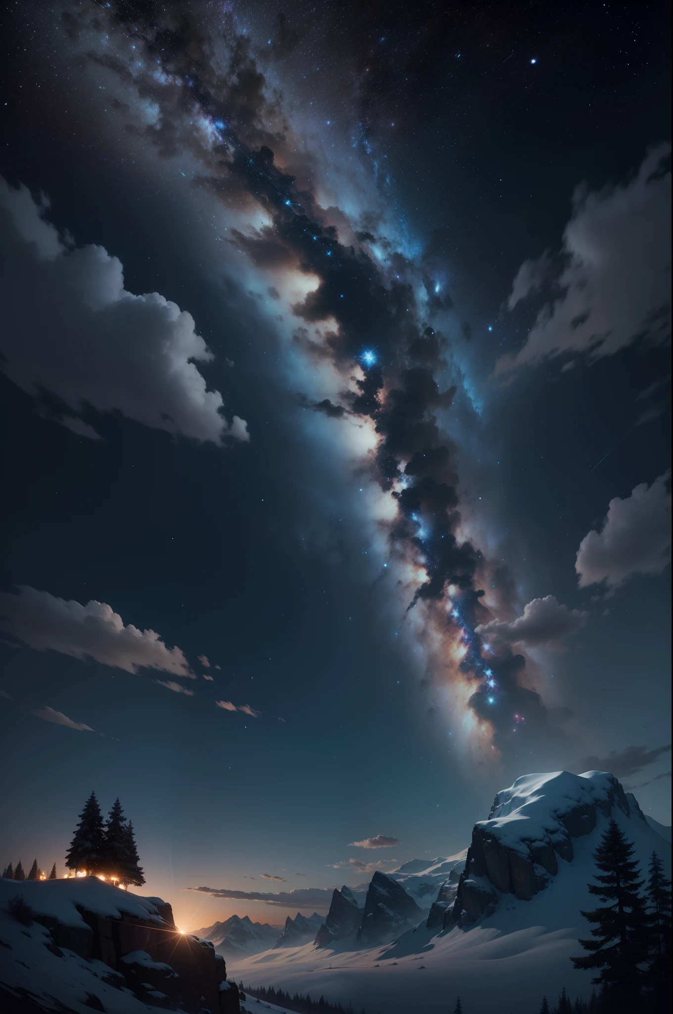 Sky of Dreams (1.1), A celestial scene of a dazzling night sky, twinkling stars in recognizable constellations, the Milky Way shining brightly, a full moon casting its soft light over the landscape, Silhouettes of mountains and trees in the foreground, a sense of wonder and wonder for the universe, Night lighting that creates a magical environment, alta resolução.