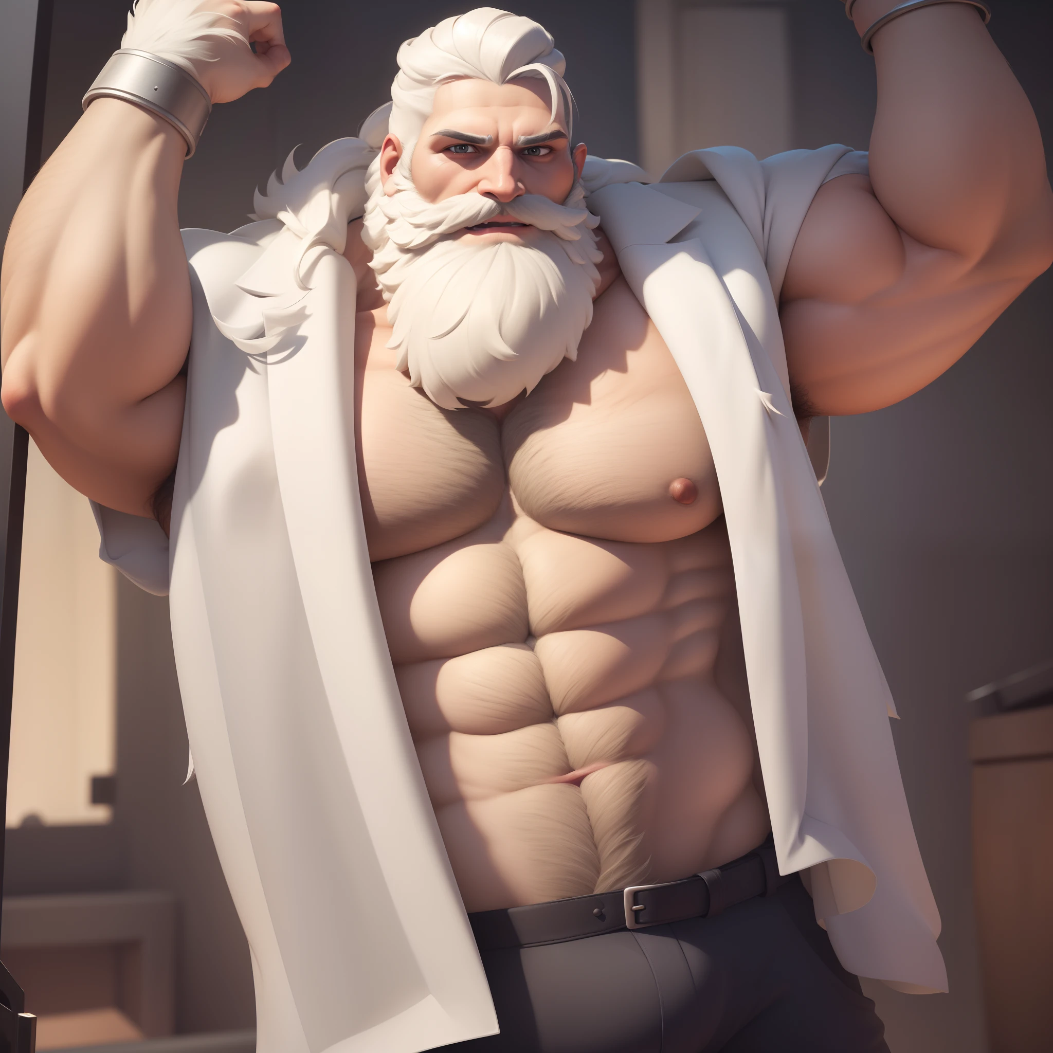 (white body hair: 1.5), (long and thick white beard: 1), (chubby: 1), single man, man with a beard muscular character, strong chest, muscular characters, muscular! white, muscular male hero, strong arms, large muscles, old man, mature man, white hairs, white beard, solo, male focus, muscular, topless male, thick abs, mature male, pectorals, thick stomach, white hairy chest, navel, large pectorals, thick wrists, prisoner, orange prisoner pants, captured in prison, arms up, showing armpits, hairy armpit, white abdomonal hair, brown pants, middle age dungeon background, hands chained over the head