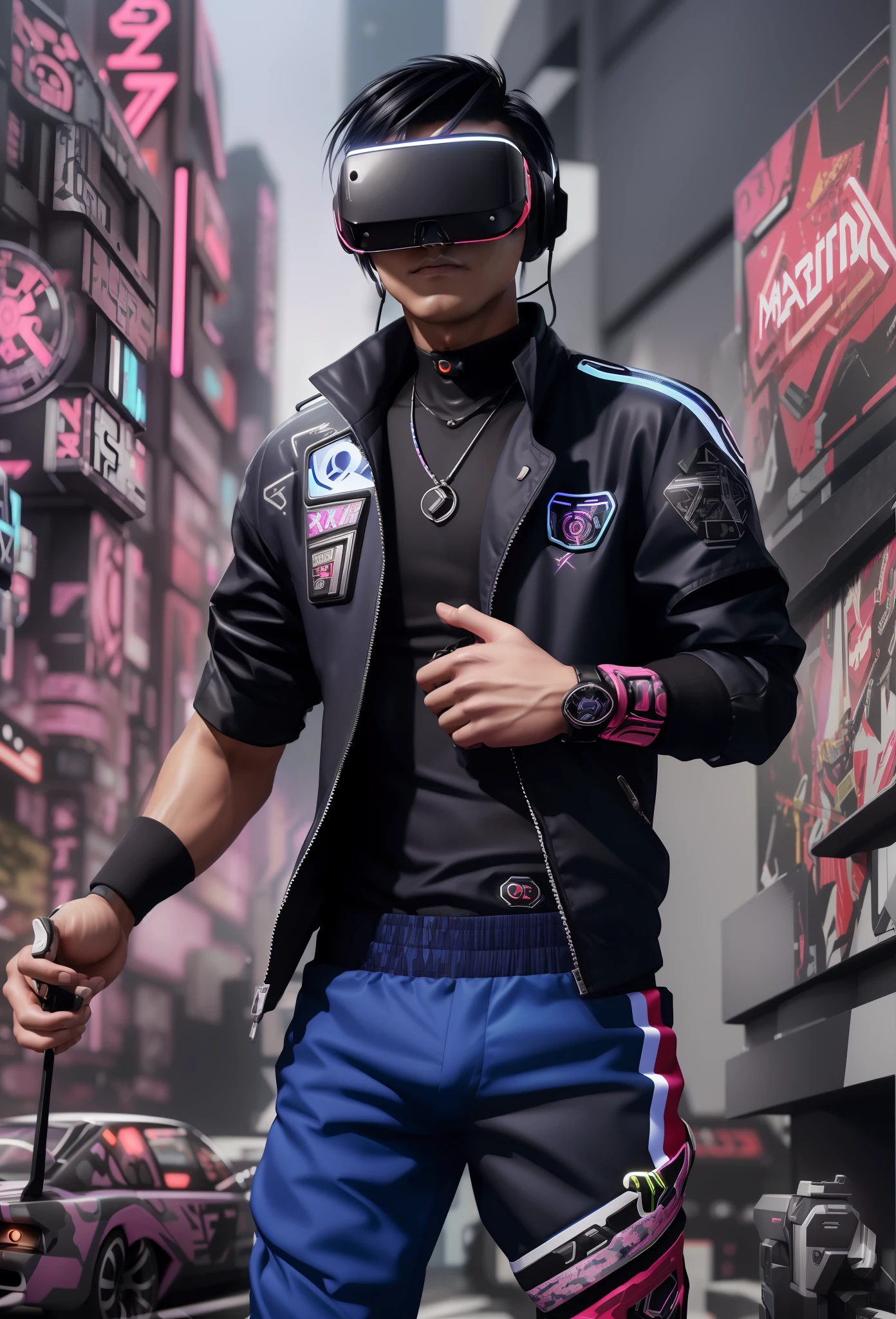 ((cyber punk perssonage)),Asian boys,Optical camouflage、virtual reality、Neon light、The future city, (Maximalism:1.7), Vivid Contrast, (Bulging crotch), Hyper-realistic illustration, A high resolution, ultra - detailed, absurderes,、Random hairstyle、cinema4d、