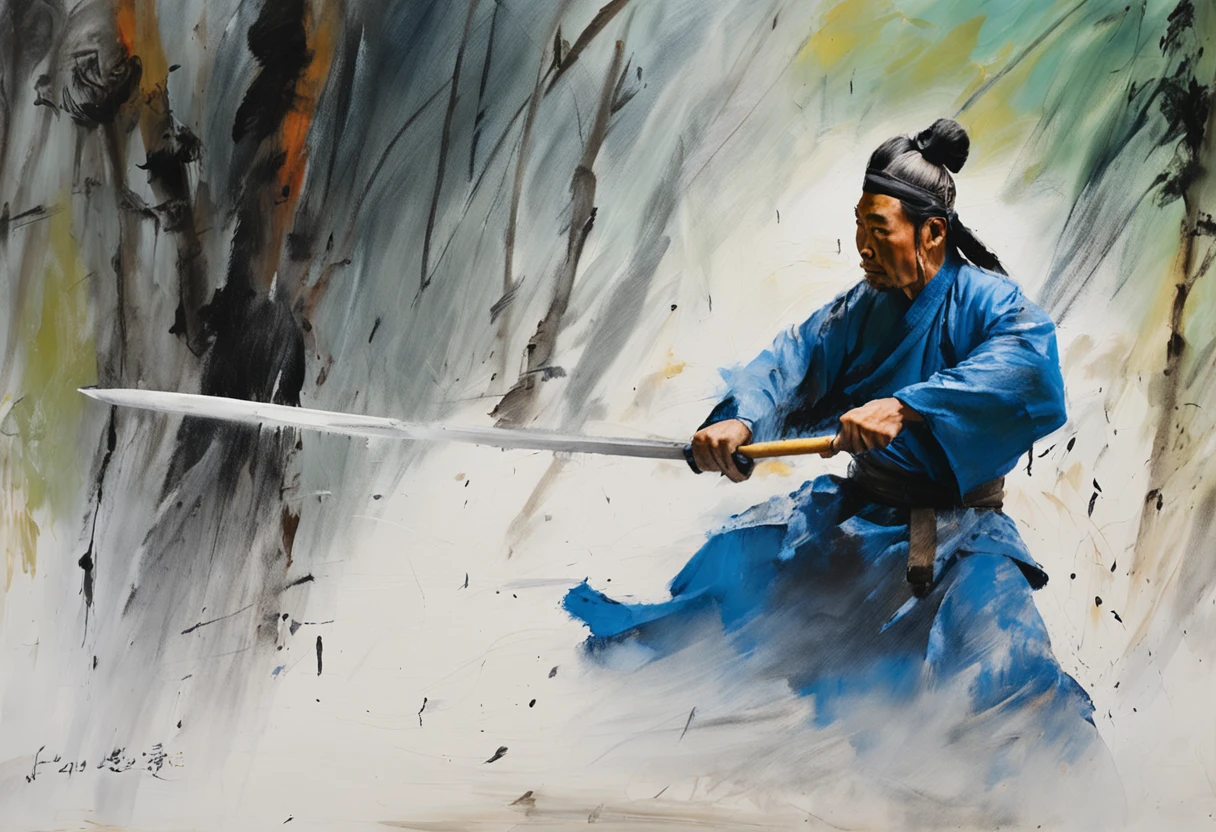 an extreme closeup shot:Male swordsman，Hands are normal，The body does not twist，Hair soars，Wielding a blue light knife，With a murderous expression on his face。Martial arts action，Fighting posture，Motion blur，Bamboo forest in the rain，lightand shade contrast，top views，Faraway view，Focus on people。Depth of field 2.0。Chinese ink splash painting style，Drawn by Zhang Daqian。