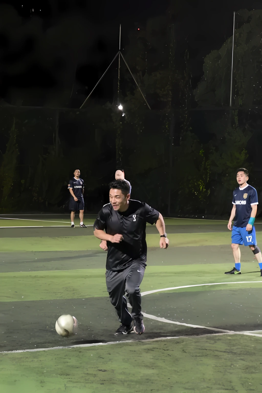 There are two men playing football on the pitch at night, taken with canon 8 0 d, dribbble, play soccer, action  shot, taken with canon eos 5 d, Shot on Canon EOS R 6, taken with a canon eos 5d, taken with a canon eos 5 d, taken with canon eos 5 d mark iv, on a football field