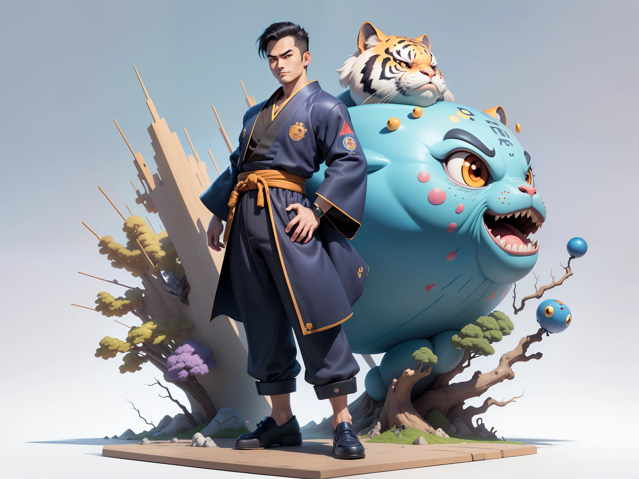 (Masterpiece), (Excellent), (Super Meticulous), (Full Body: 1.2), Super Young Man, Oriental Face, Japanese Kimono, Japanese Wind Thunder God, Dragon, Tiger, TV Anchor, Bust Portrait Illustration, Alone, Black Suit, Blue Tie, Slightly Chubby Face, Very Clean Face, No Beard, Black Super Short Hair, Black Eyes, Confident Smile, 3c Computer Sub-Products, iPad, iPhone, Digital Painting, 3D Character Design by Akira Toriyama and Mark Claireden and Pixar and Hayao Miyazaki, The illustration is a high-definition illustration in 4K resolution with very detailed facial features and cartoon-style visuals.