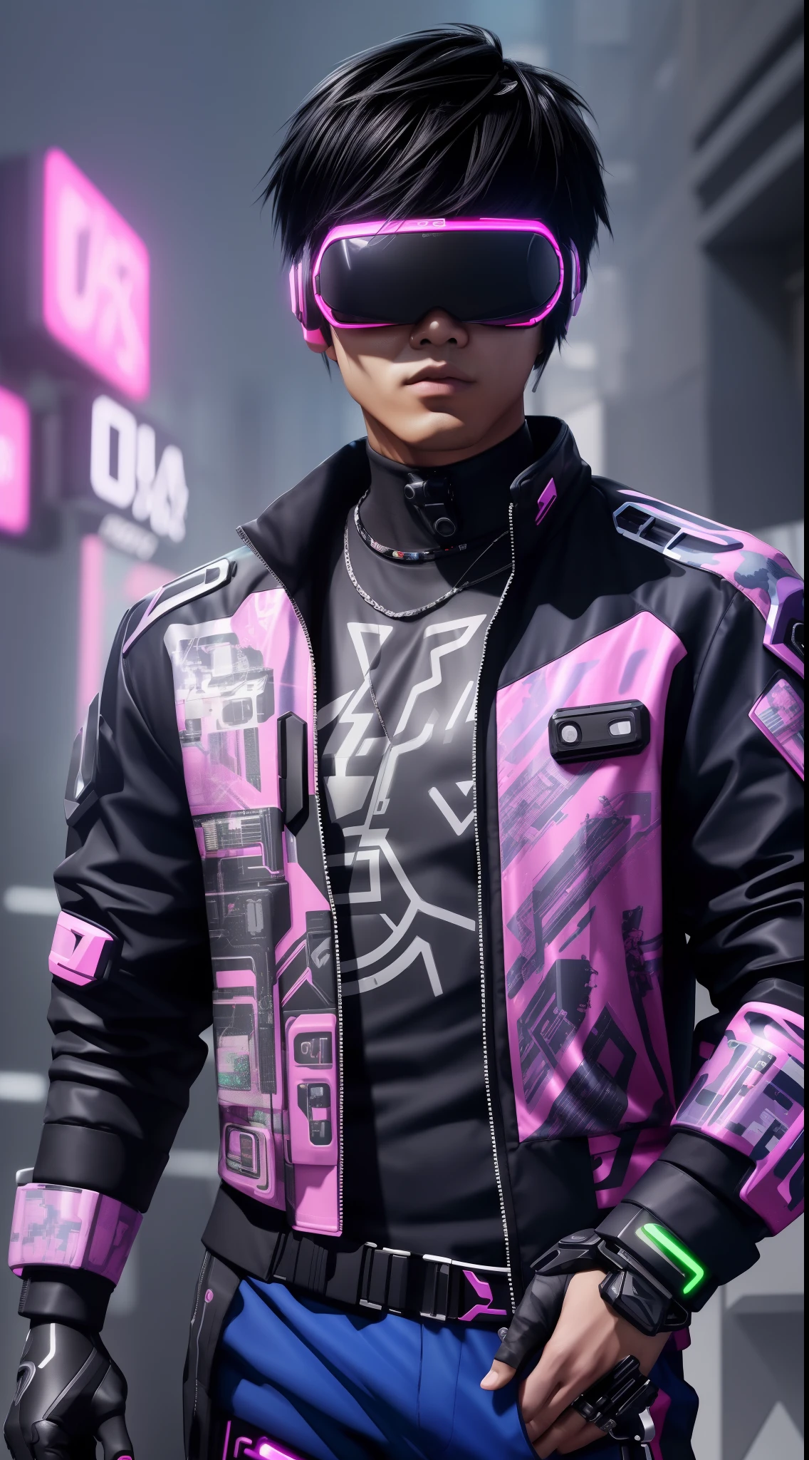 ((cyber punk perssonage)),Asian boys，Optical camouflage、vr goggles、Neon light、The future city，(The clothes are simple), (Best Impact:1.5), (Maximalism:1.7), Vivid Contrast, (Realistic), Hyper-realistic illustration, A high resolution, ultra - detailed, absurderes,、Random hairstyle、cinema4d、