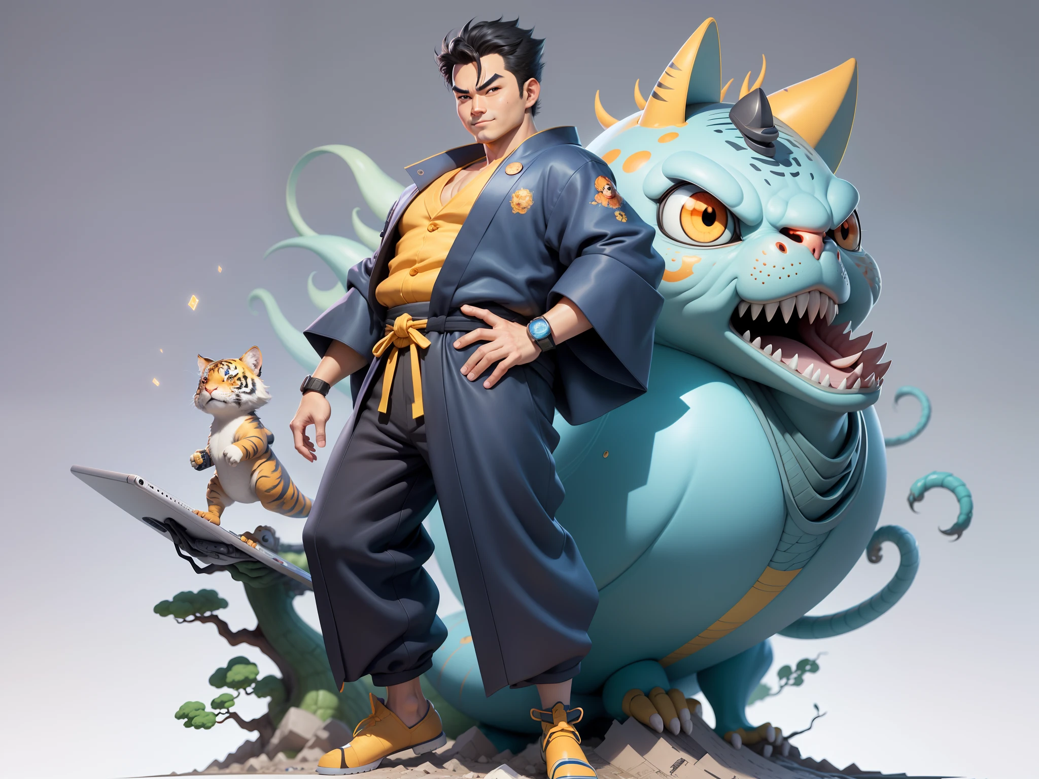 (Masterpiece), (Excellent), (Super Meticulous), (Full Body: 1.2), Super Young Man, Oriental Face, Japanese Kimono, Japanese Wind Thunder God, Dragon, Tiger, TV Anchor, Bust Portrait Illustration, Alone, Black Suit, Blue Tie, Slightly Chubby Face, Very Clean Face, No Beard, Black Super Short Hair, Black Eyes, Confident Smile, 3c Computer Sub-Products, iPad, iPhone, Digital Painting, 3D Character Design by Akira Toriyama and Mark Claireden and Pixar and Hayao Miyazaki, The illustration is a high-definition illustration in 4K resolution with very detailed facial features and cartoon-style visuals.