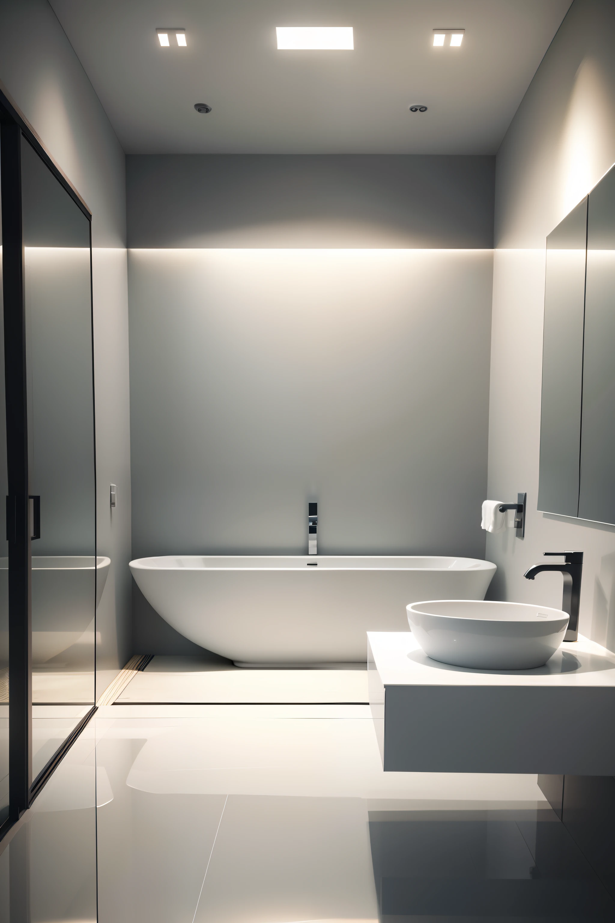 render bathroom minimal, modern with bathtub and large area