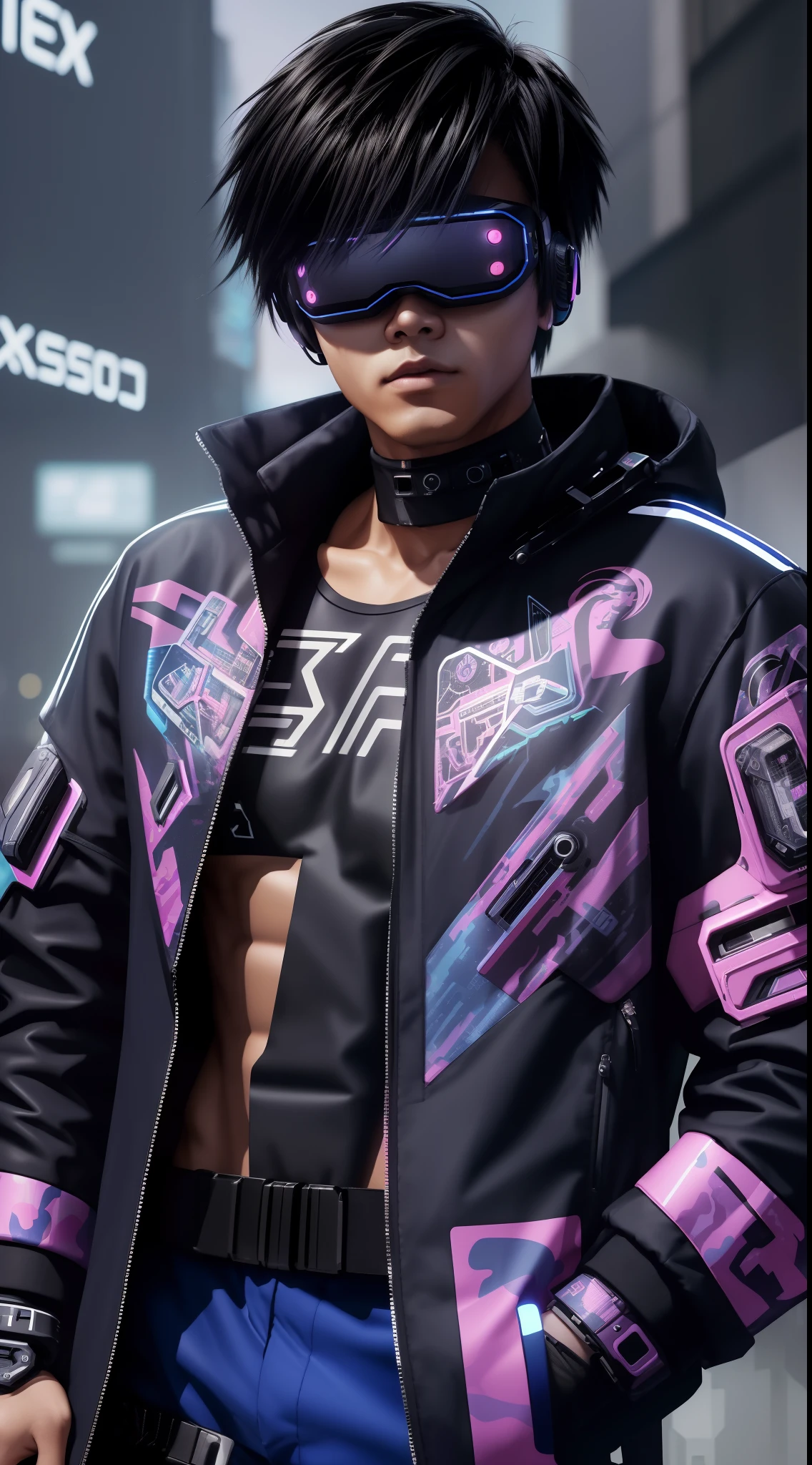 ((cyber punk perssonage)),Asian boys,Optical camouflage、vr goggles、Neon light、The future city,(The clothes are simple), (Best Impact:1.5), (Maximalism:1.7), Vivid Contrast, (Realistic), Hyper-realistic illustration, A high resolution, ultra - detailed, absurderes,、Random hairstyle、cinema4d、