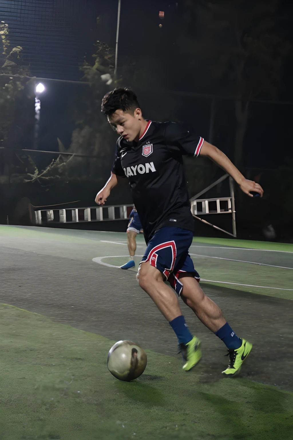 There are two men playing football on the pitch at night, taken with canon 8 0 d, dribbble, play soccer, action  shot, taken with canon eos 5 d, Shot on Canon EOS R 6, taken with a canon eos 5d, taken with a canon eos 5 d, taken with canon eos 5 d mark iv, on a football field