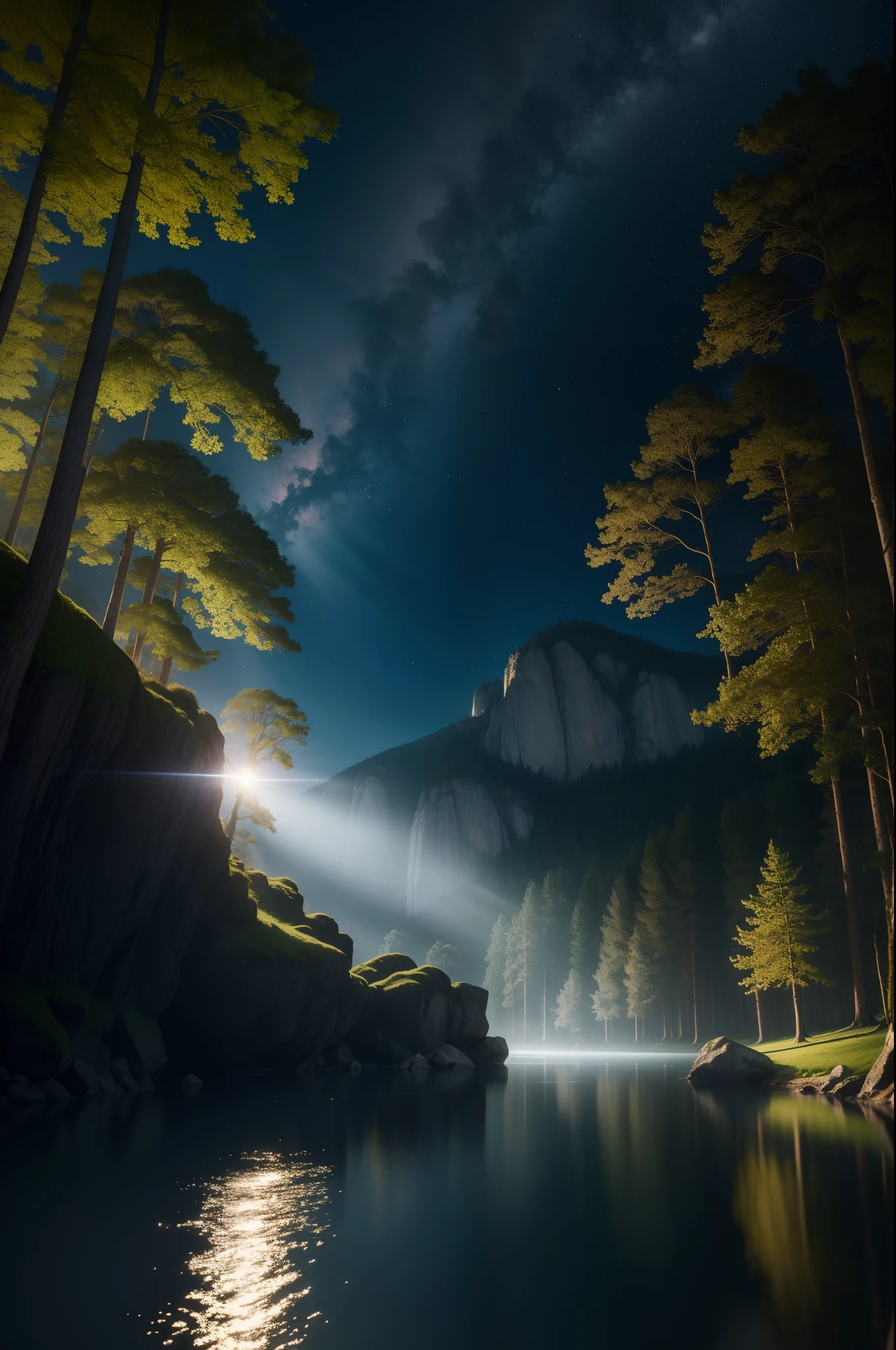 Enchanting scenery (1.1), an enchanting landscape of a magical forest, com altura, leafy trees that look like they're straight out of a fairy tale, cogumelos coloridos salpicando o solo, riacho serpenteando entre as pedras, vaga-lumes em voo noturno, starry and clear sky, soft lighting that gives a magical touch to the environment, atmosphere of charm and mystery, alta resolução.