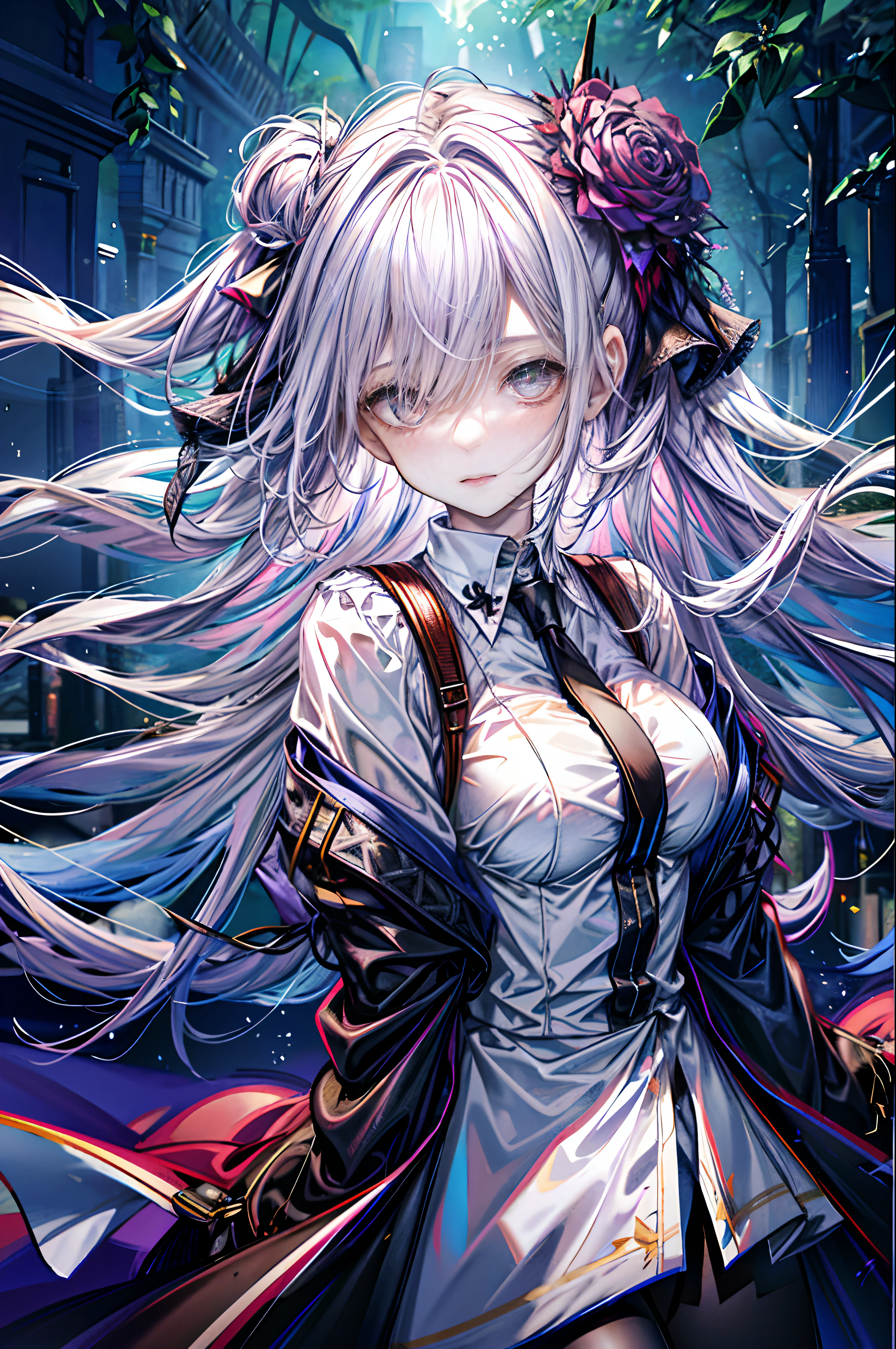 (best quality, detailed background, highres, absurdres, bloom, disheveled hair, shiny hair, exposed in lighting, bright pupils, dedicated detailed eyes),
1girl, earpiece, long hair, silver hair, large_breasts, arms behind back, daytime, outdoors, forest, water, creeks,
hair_ornament, (hair over one eye), upper body, portrait,