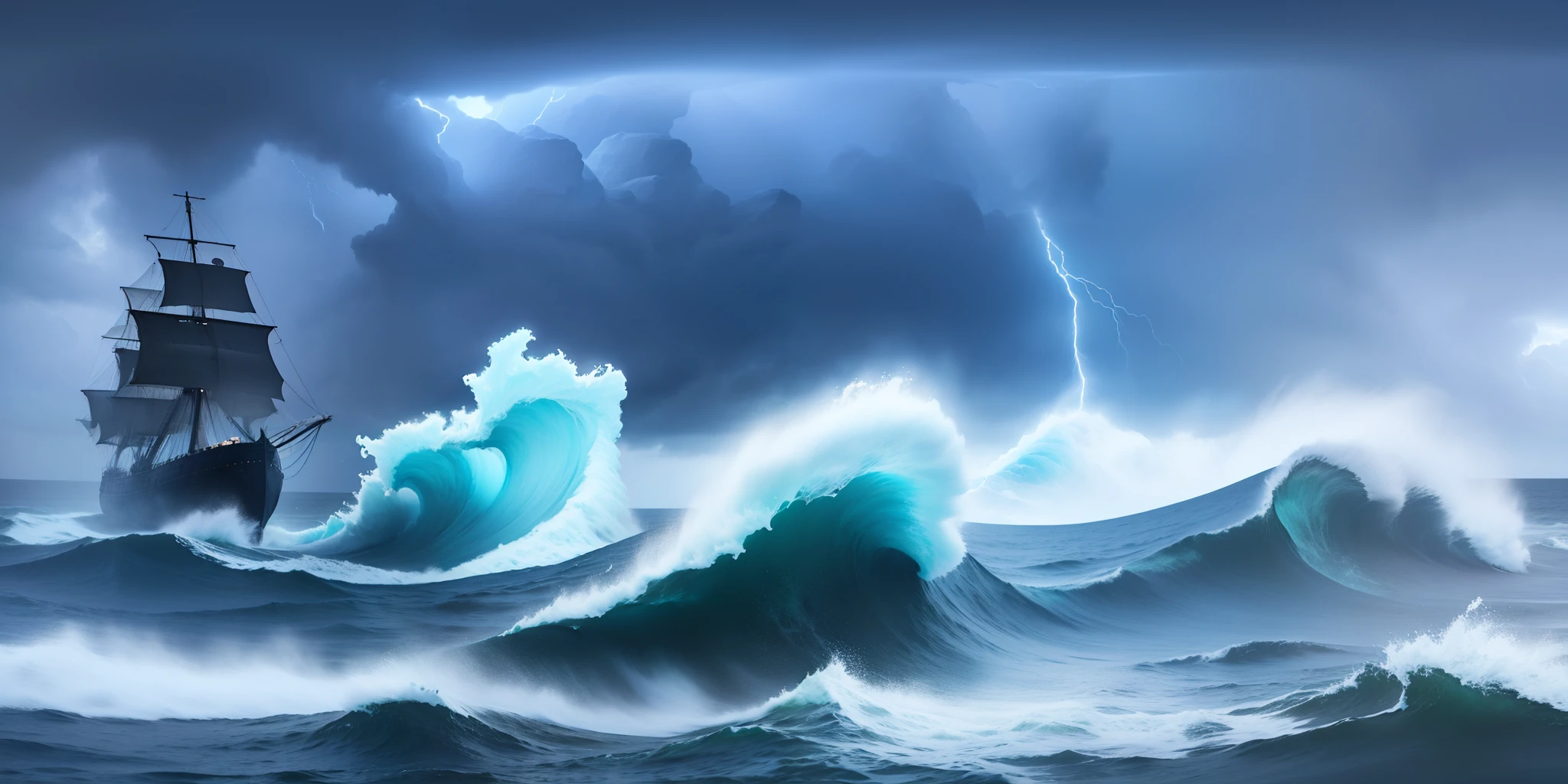 panorama, 360, A realistic depiction of a "Storm at Sea with Ghostly Apparitions": This artwork captures a tumultuous sea during a fierce storm, where towering waves crash against a ghostly, ancient-looking ship. The dark, ominous clouds dominate the sky, with flashes of lightning illuminating the turbulent waters. Transparent, ethereal figures of human ghosts wander atop the choppy waves, their expressions a mix of sorrow and longing. The spectral apparitions should be intricately detailed, giving them an eerie and haunting presence. The color palette is dominated by deep blues, grays, and muted whites, creating a chilling and atmospheric scene.