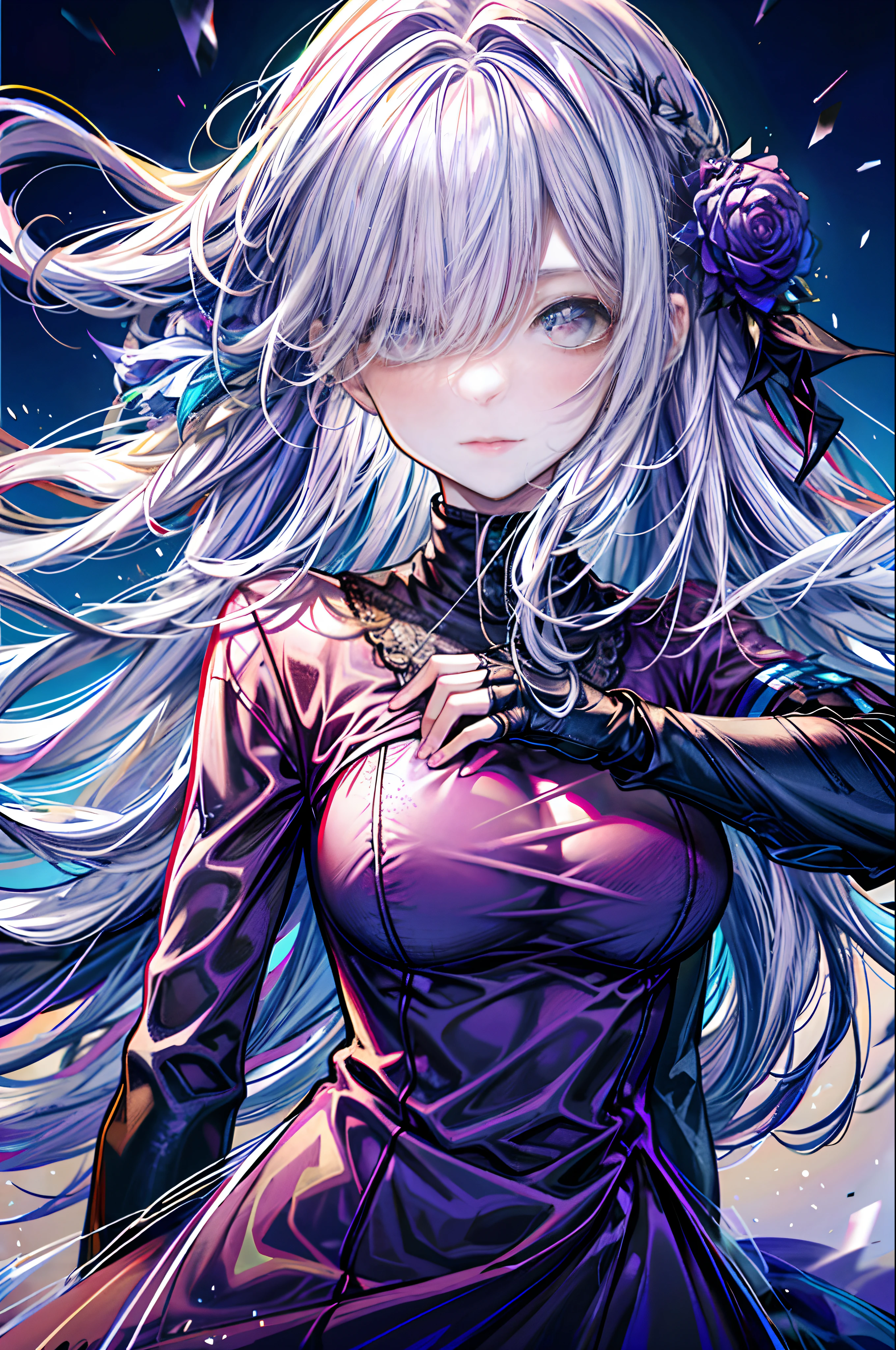 (best quality, detailed background, highres, absurdres, bloom, disheveled hair, shiny hair, exposed in lighting, bright pupils, dedicated detailed eyes),
1girl, earpiece, long hair, silver hair, large_breasts, arms behind back, daytime, outdoors, forest, water, creeks,
hair_ornament, (hair over one eye),  upper body, portrait,