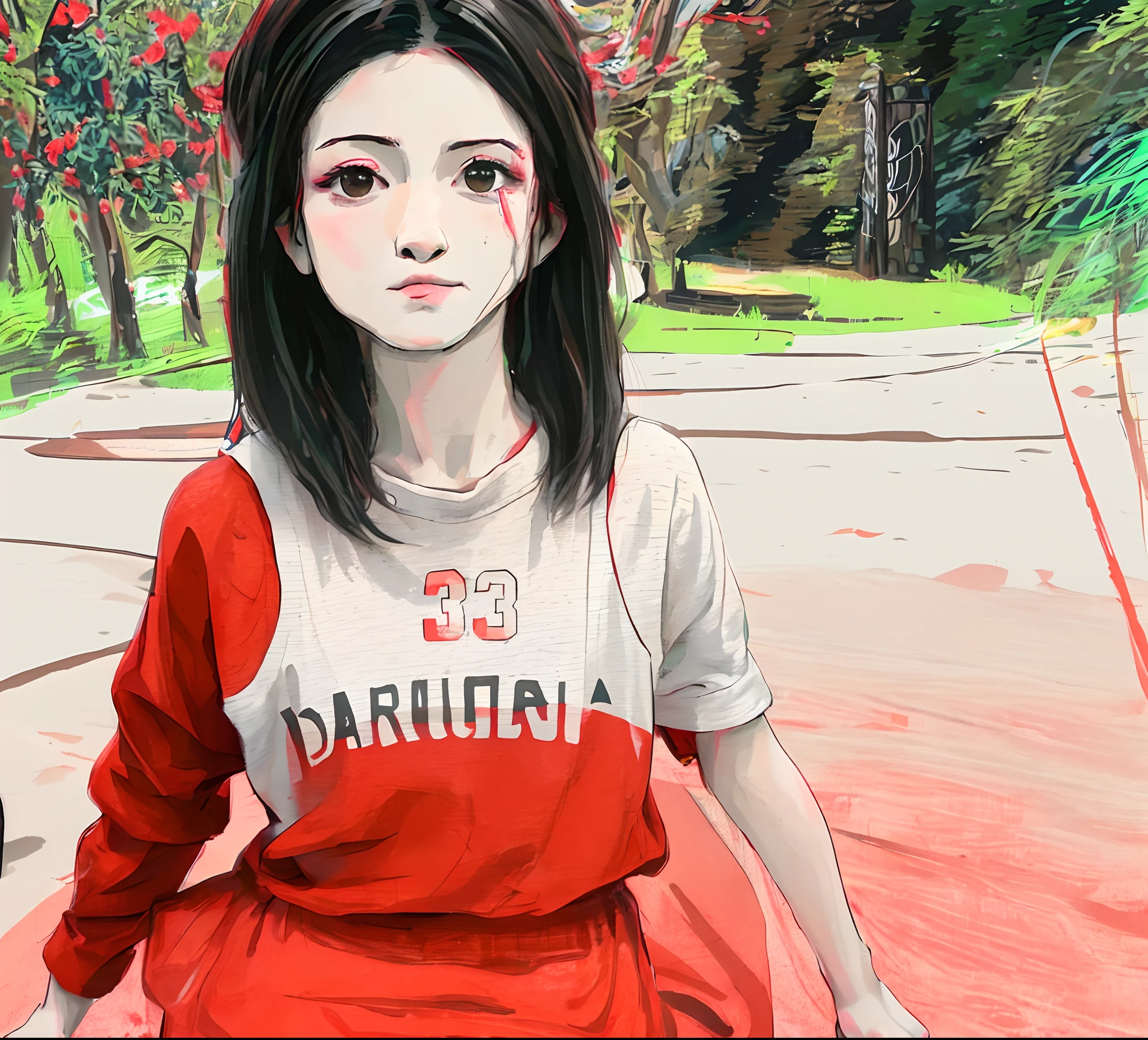 Un dibujo de una mujer con una tshirt rojo sangre, con vivos blancos y negros, Basketball tshirt is standing in a park, Dibujado con textura colorida, Dibujo desvanecido, Boceto digital, took on ipad, digital pencil painting, Bosquejado, Boceto realista, Arte de boceto de la corte, Boceto de bellas artes, Boceto antiguo, Dibujado en Microsoft Paint, 4K esbozado, Imagen en blanco y negro, art sketch, Arte digital. @Mariomaniacdude