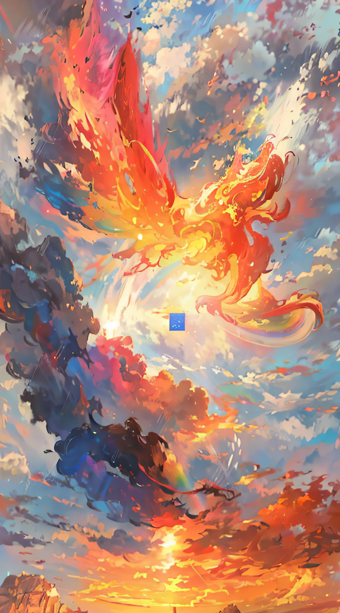 Sunset painting with rainbow in the sky, fire from sky, very colorful heavenly, the sky is a nebula on fire, luminous sky heaven background, with fiery golden wings of flame, 8 K HD detailed oil painting, inspired by Frederic Church, Colorful clouds, Beautiful art UHD 4 K, artwork of a phoenix, ''wallpaper of a phoenix, fantasy puffy sky