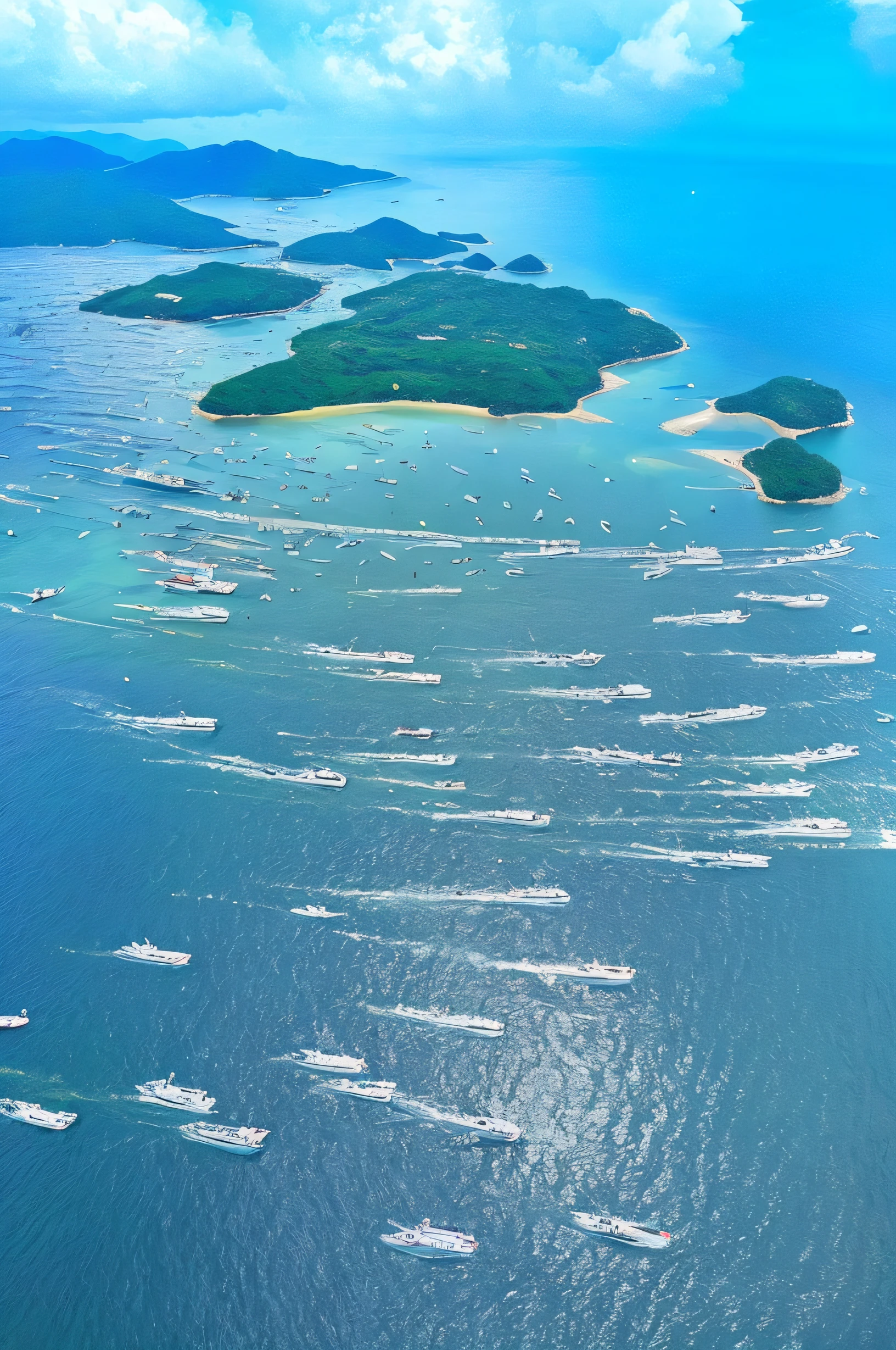 Alafi saw large expanses of water for many ships, mid-air, amazing depth, breathtaking shot, crowded and populated, Overhead, many islands, Very beautiful!! aerial shot, Overhead shot, interesting background, stunning sight, aerial shot, Surreal!!!, author：Fernando Grassi, hd aerial photography, Le Long, perspective shot from the sky, festivity