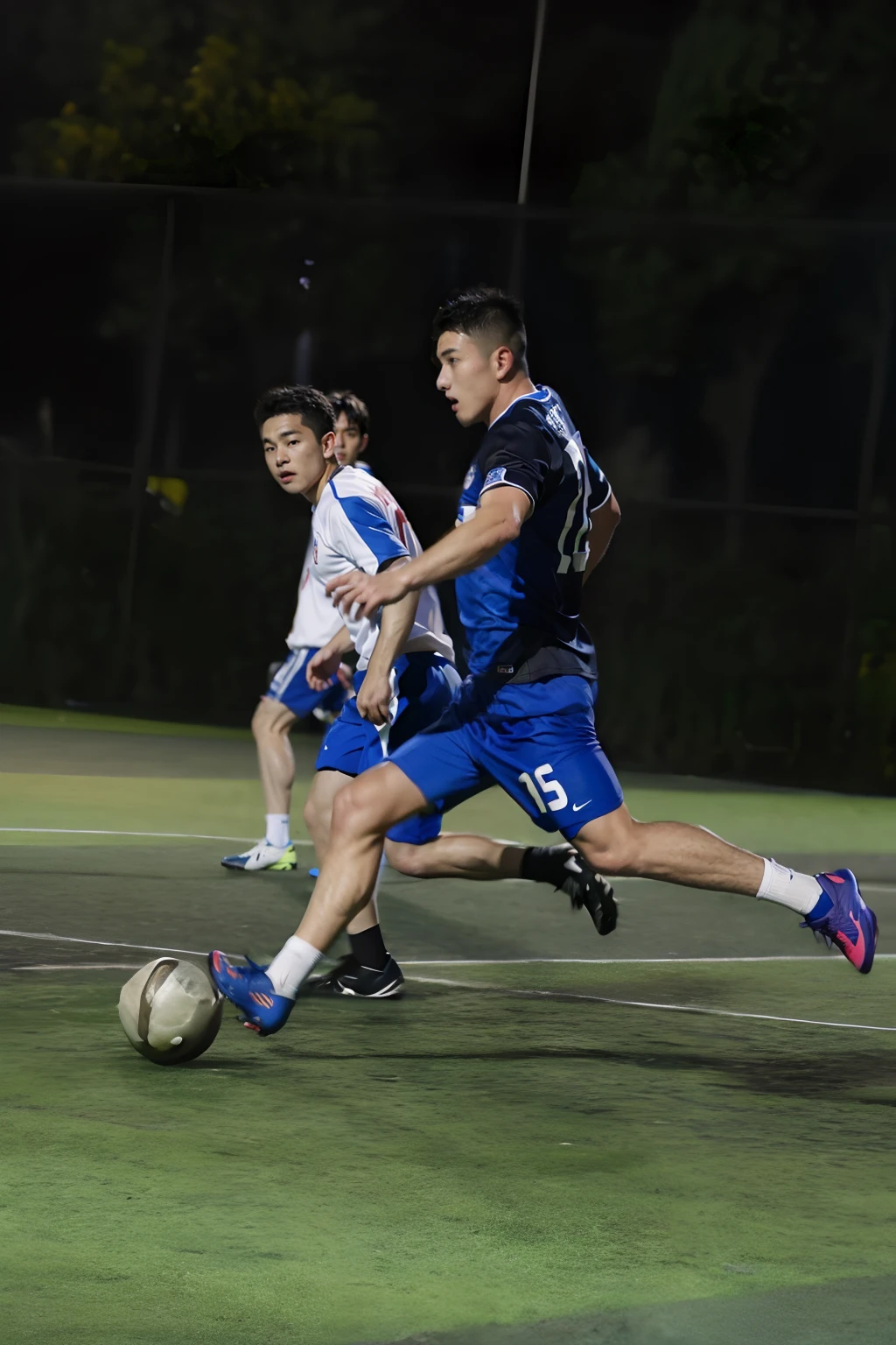 There are two men playing football on the pitch at night, taken with canon 8 0 d, dribbble, play soccer, action shot, taken with canon eos 5 d, Shot on Canon EOS R 6, taken with a canon eos 5d, taken with a canon eos 5 d, taken with canon eos 5 d mark iv, on a football field
