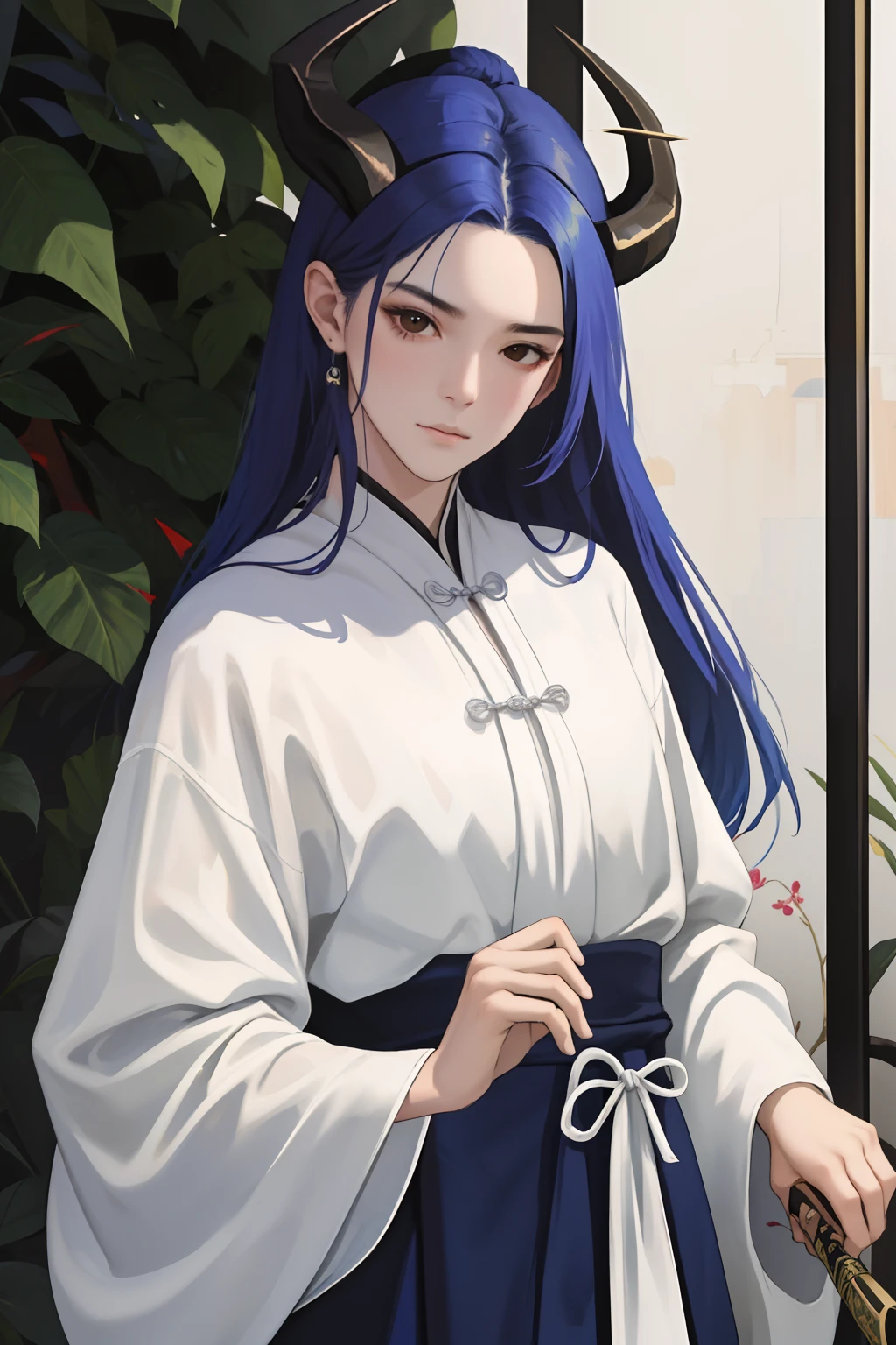 NSFW, obra-prima, melhor qualidade, ultra-detalhado, semi-realista, detailedfacialfeatures, 1girl,usando roupas velha wuxia,voluptuosa,sensual, cabelos brancos longos,roupa negra,arrogante,dragon horns on head,holding in his left hand a thin-bladed sword