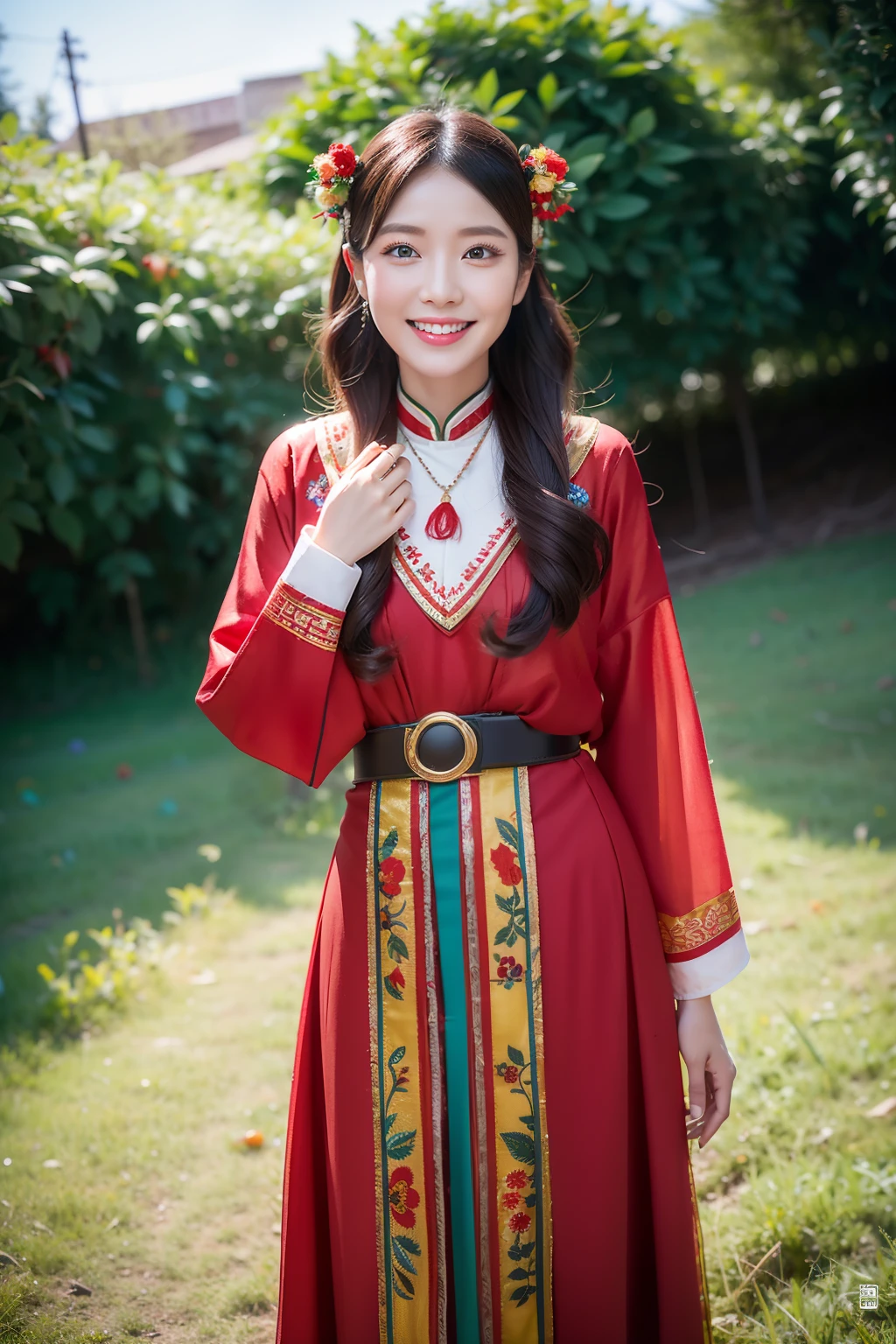 （8K分辨率，Vista full body photo），（1womanl，20yr old，s delicate face，详细的脸，Redlip，Fair smooth skin，（Classic Hmong costume：1.4，（The face is decorated with floral fabrics，The cuffs are multi-colored horizontal strips，Cardigans，Short waist long version），Headband silver bun hairpins，Silver necklace，），（pleatedskirt，There is a belt（Hmong embroidery、batik）），耳Nipple Ring，bangle，Tall and tall，The action of the dialog box，perfect hand，Ultra-fine clothing material），（Traditional Xijiang Miao village，Festive party night background in cottage，Exquisite environmental details），（exhilarated，confident smile，Rejoice），（profesional lighting，动态照明），（（The colors are more balanced，（black in color，blue colors，red colour））），（Golden section，Cinema lenses，Hasselblad photograp，tmasterpiece：1.3），（Miaozhai idol，Focus on the field，trendsetting，Folklore artist，Art platform）