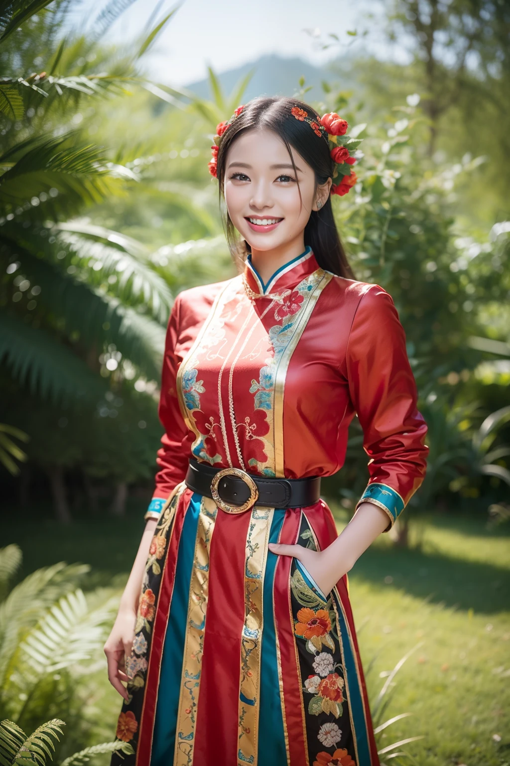 (8K分辨率,Vista full body photo),(1womanl,20yr old,s delicate face,详细的脸,Redlip,Fair smooth skin,(Classic Hmong costume:1.4,(The face is decorated with floral fabrics,The cuffs are multi-colored horizontal strips,Cardigans,Short waist long version),Headband silver bun hairpins,Silver necklace,),(pleatedskirt,There is a belt(Hmong embroidery、batik)),耳Nipple Ring,bangle,Tall and tall,The action of the dialog box,perfect hand,Ultra-fine clothing material),(Traditional Xijiang Miao village,Festive party night background in cottage,Exquisite environmental details),(exhilarated,confident smile,Rejoice),(profesional lighting,动态照明),((The colors are more balanced,(black in color,blue colors,red colour))),(Golden section,Cinema lenses,Hasselblad photograp,tmasterpiece:1.3),(Miaozhai idol,Focus on the field,trendsetting,Folklore artist,Art platform)