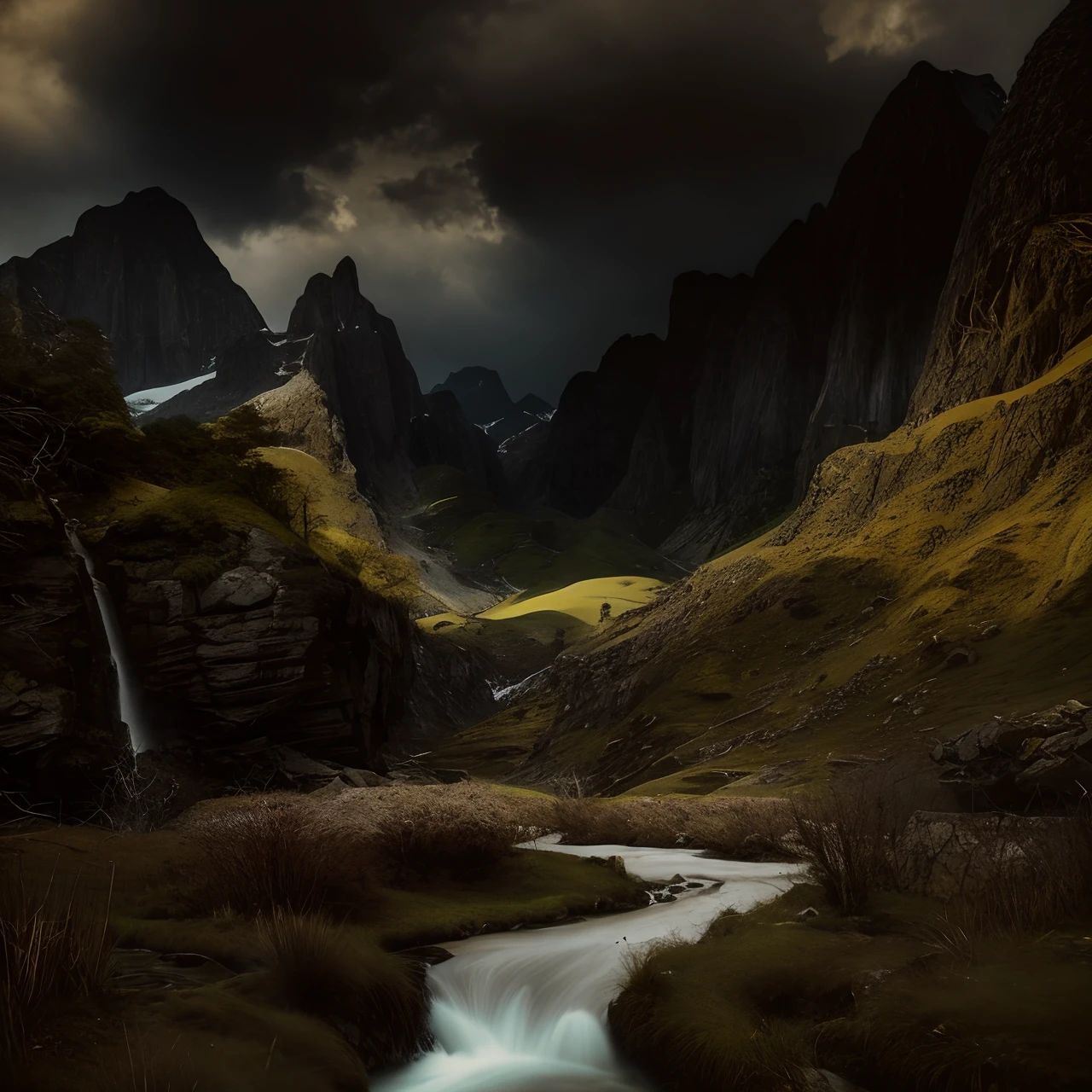 there is a stream running through a valley with mountains in the background, majestic nature scenery, in a mountain valley, epic beautiful landscape, mountainous setting, breathtaking mountains, beautiful and mysterious, awesome and moody, amazing landscape, epic and stunning, lovely valley, beautiful dark landscape, epic landscape, most epic landscape, in an epic valley, dramatic scenery
