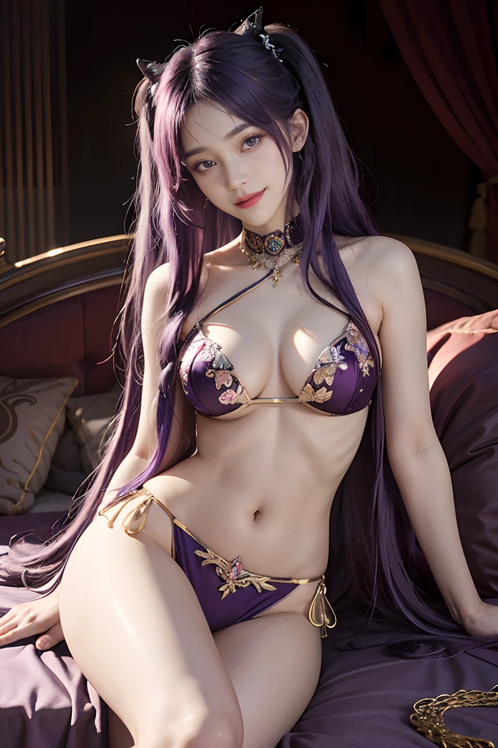 (Front Focus),(in the darkness nigth:1.6),Surrealist portraits of women by David Hockney and Alphonse Mucha,((arms crossed over the head))、((royal bed)),sit on a bed、(((a smile)))、copulation OK、I want to mate、Fantasyart,Purple hair、((Purple twin tail hair))、((Pink Dance Costume))、photographrealistic,动态照明,art stations,poster for,Volumetriclighting,extra detailed face,4 k'',((Colossal tits))、Beautifully embroidered award-winning pink lace sexy belly dance dress,With diamonds,Sexy thighs,Decorated with fine embroidered belly dance costumes and fine jewelry,exposing the abdomen ,Chest 1 Girl, In the Dark, deepshadow, low tune, Cowboy Shot,(official clothing:1.4), The eyes are confused and seductive,legs separated