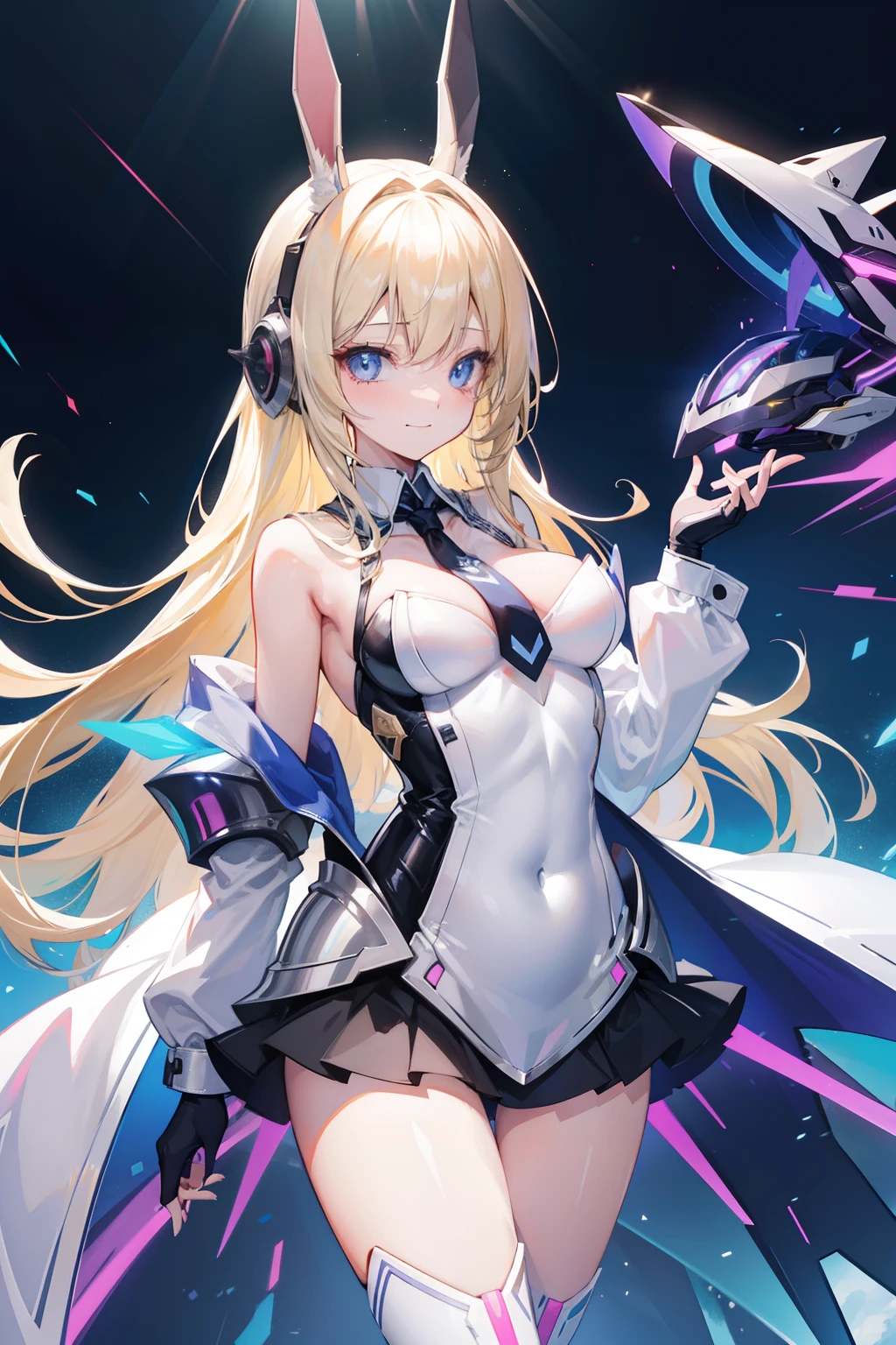 Girl in futuristic costume、bunnygirl、Black High Leg、Dealer Clothing、neck tie、tits out、a blond、Twin-tailed、nffsw、Glowing gadgets、is standing、Utopian metropolis、AJC Helmet、AJC Armor、Eye Highlights、sleeved、stupendous、细致背景、casino、Volumetric Lights、Sun'rays、llight rays、Skysky、clouds、A smile、Throat and face