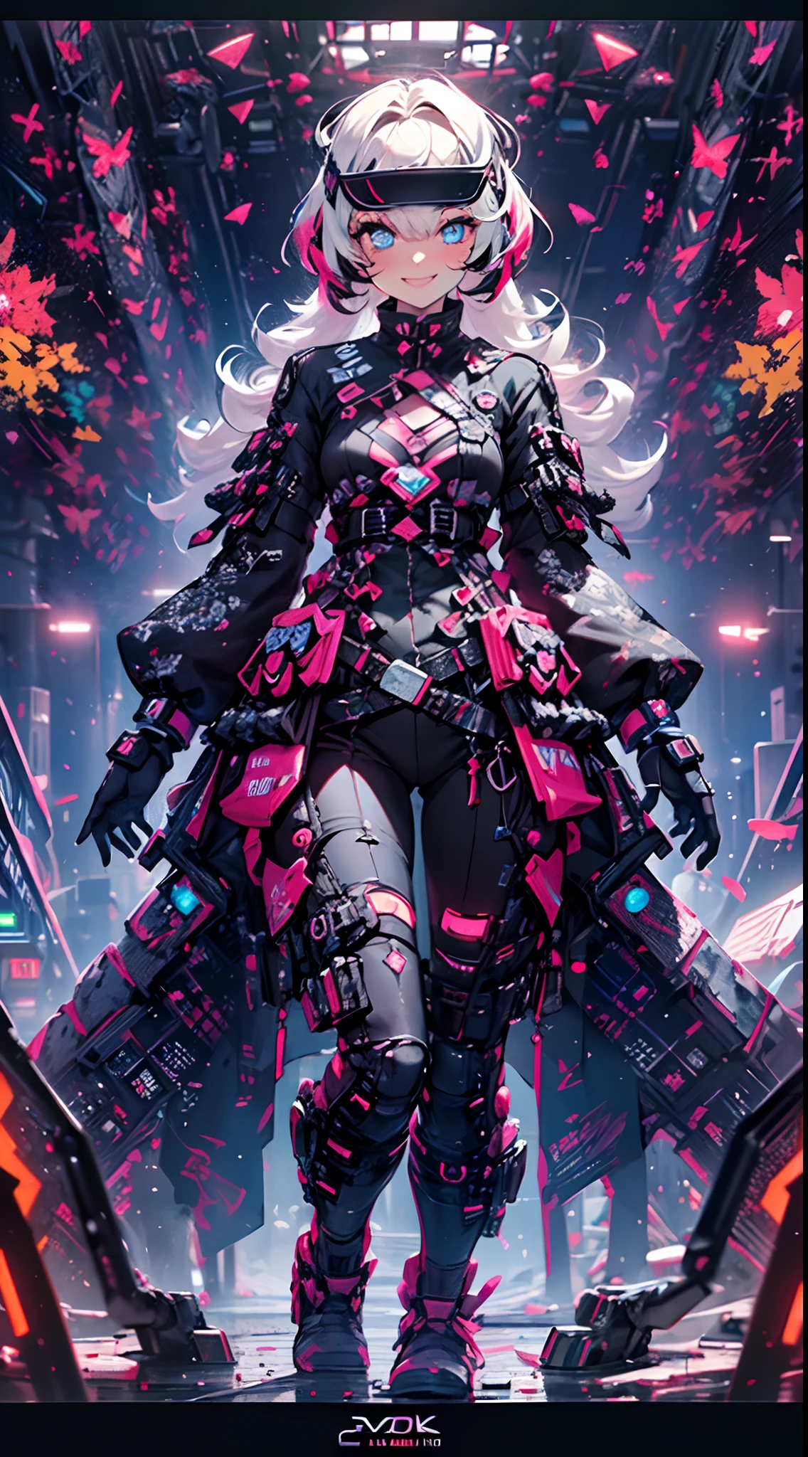 ((cyberpunked)),Optical camouflage、VR Goggles、Neon light、City of the Future、Glowing jumpsuit、(1girl in, Solo:1.6),(Cute smile),(Clothes are simple), (Best Impact:1.5), (maximalism:1.7), Vivid contrast, (Realistic), hyperrealistic illustrations, hight resolution, ultra-detailliert, absurderes,(Fractal Art:1.3)、Random hairstyle、Random hair color colorful、FULL BODYSHOT、Retro、Precise focus、randome pose、cinema4d、Drama