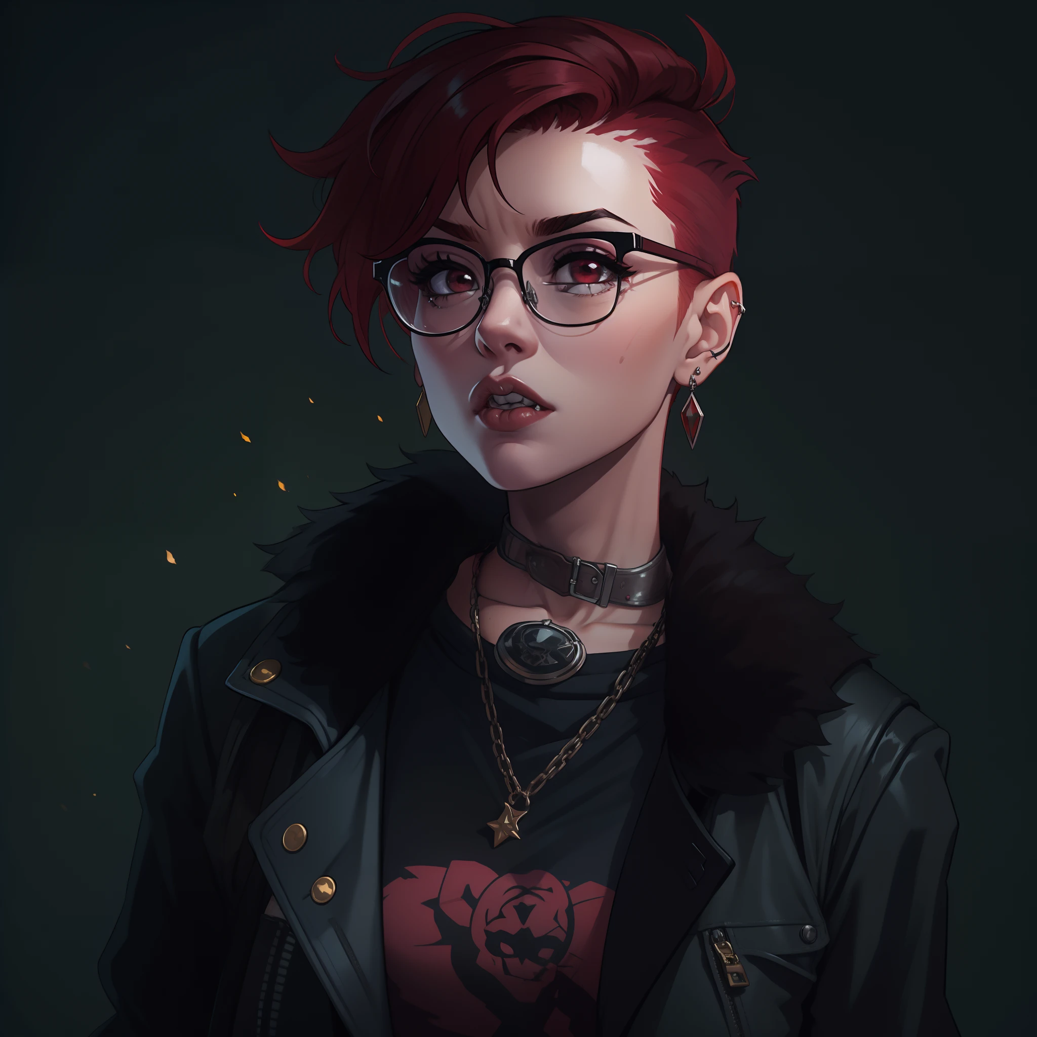 female with short shaved dark red hair, wearing glasses, villain, wearing casual punk clothing, lip piercings