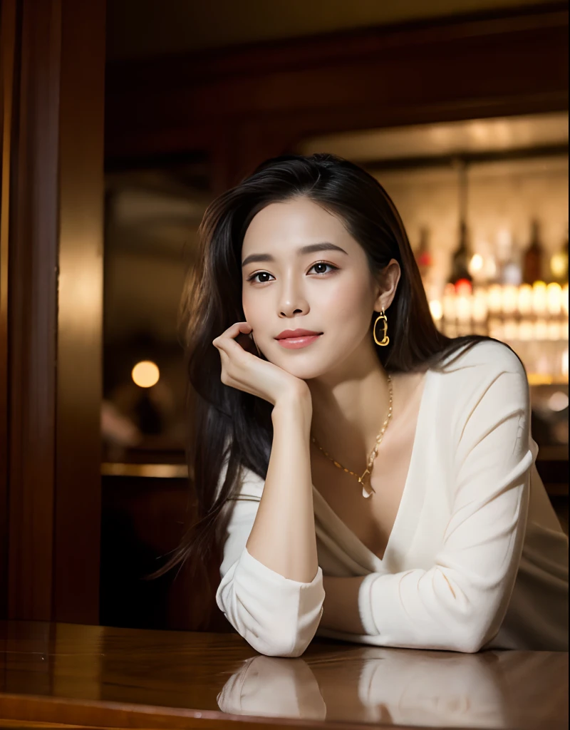 Solo,Long_Hair,Perfect face, High_Heels,look_at_peeping at the viewer,large breats,(8K, RAW photo, Best quality, Masterpiece:1.2),(Realistic, photo-realistic:1.37),Night,A bar in old Shanghai,Indoors,(Long legs:1.2),Physically-based rendering,Light smile,Earrings,necklace,Fell asleep at the bar,Fashion,Specialty clothing,Sit Pose,One leg,Erlang's legs,Soft light