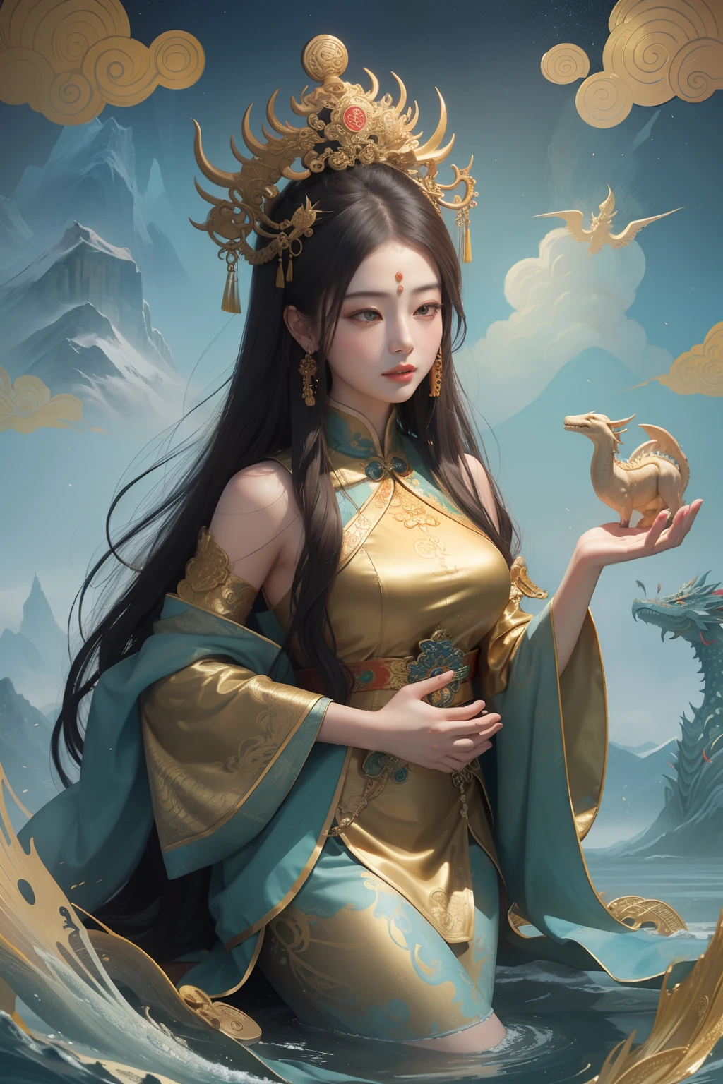 an ancient Chinese goddess, guanyin of the southern seas, Guanyin, Inspired by China, Avalokiteshvara rides a dragon，,Serene expression,shui mo hua,Buddha,Buddhist,Lotus,Chinese painting style,Thangka style
