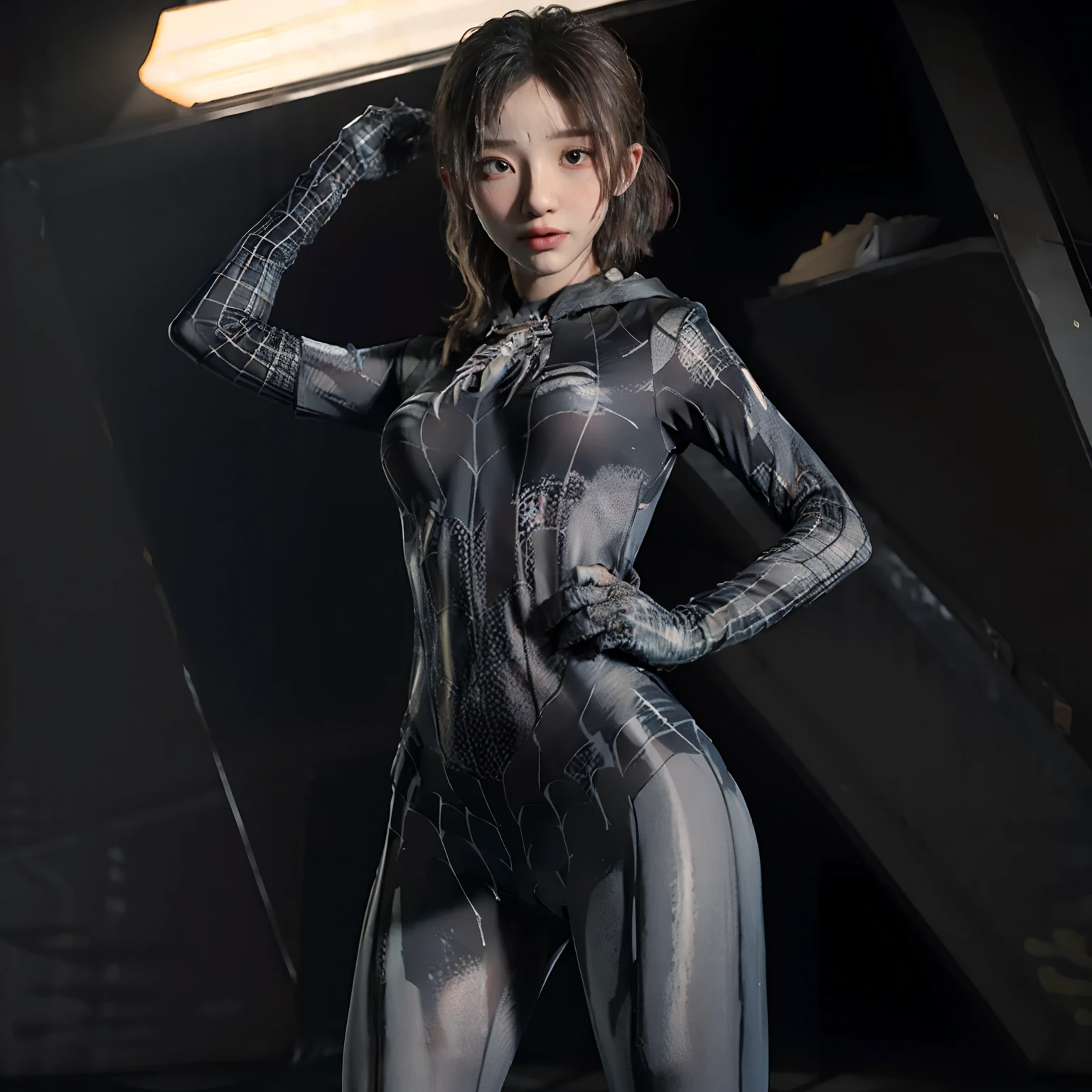 The girl's wet cloak outlines her genitals through the black tights, Usually visible,Because her clothes were wet with sweat. This can be an attractive look,Because it highlights her femininity,And often let people know her figure.