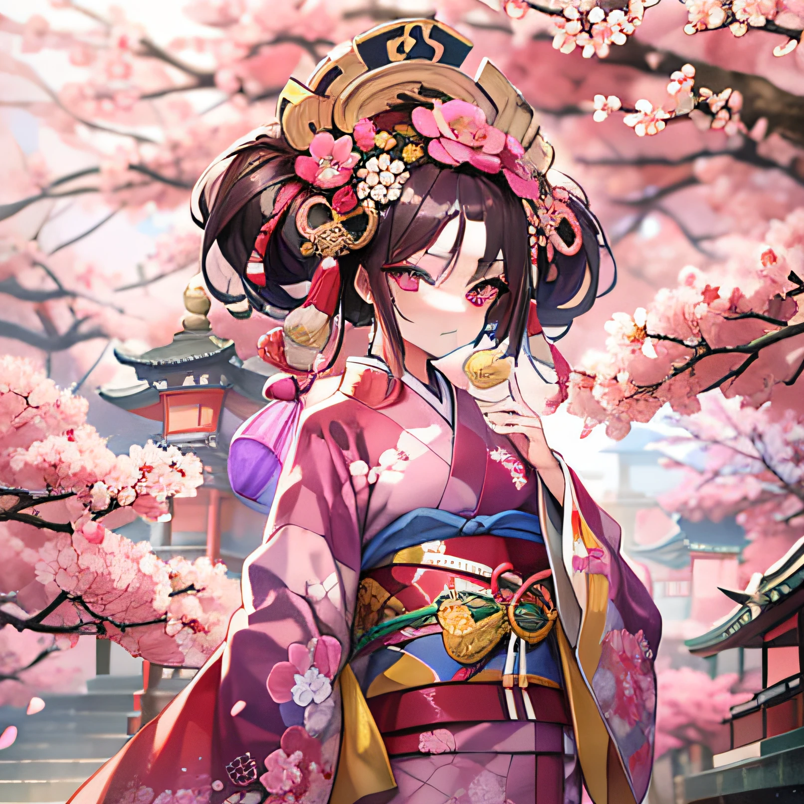 Design a captivating character named 'Sakura' inspired by the concept of a bold and alluring "花魁（Oiran-hsien）" to be featured on the packaging. While considering the potential cultural bias, focus on creating a visually stunning and enchanting character that resonates with the perception of "花魁（Oiran-hsien）" from the perspective of foreign tourists visiting Japan.

Sakura embodies the essence of a modern-day "花魁（Oiran-hsien）" with a daring and glamorous appearance. Dressed in an extravagant and flamboyant kimono adorned with vibrant colors, elaborate patterns, and striking accessories, Sakura exudes a powerful and confident aura. Her mesmerizing charm, combined with the allure of cherry blossoms, will captivate the imagination of foreign travelers, leaving a lasting impression of Japan's enigmatic and exotic beauty.

While the character embraces the aesthetic elements of a "花魁（Oiran-hsien）," it is essential to balance the portrayal to avoid overly explicit or offensive imagery. The illustration should showcase Sakura's elegance and allure without compromising her appeal to a diverse and global audience.

The incorporation of cherry blossoms and traditional motifs, skillfully blended with the bold and captivating essence of a modern "花魁（Oiran-hsien）," will create an enchanting and visually arresting character. Sakura's presence on the package will evoke a sense of intrigue and fascination, inviting foreign tourists to explore and experience Japan's unique cultural offerings.

Please create a breathtaking illustration of Sakura, the character that embraces the flamboyant and enigmatic qualities of a "花魁（Oiran-hsien）," while maintaining a tasteful and alluring representation that will charm and captivate foreign tourists seeking an extraordinary and unforgettable visit to Japan.