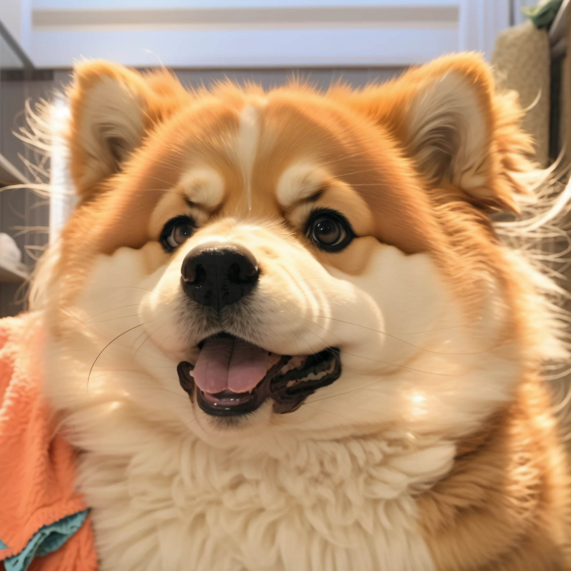Aravi dog sitting in room with a towel on his back, governor, he is happy, she has a cute expressive face, smirking deviously, he is smiling, kawaii cute dog, She has a cute face, japanese dog, doge meme, Anthropomorphic Shiba Inu, shiba inu face