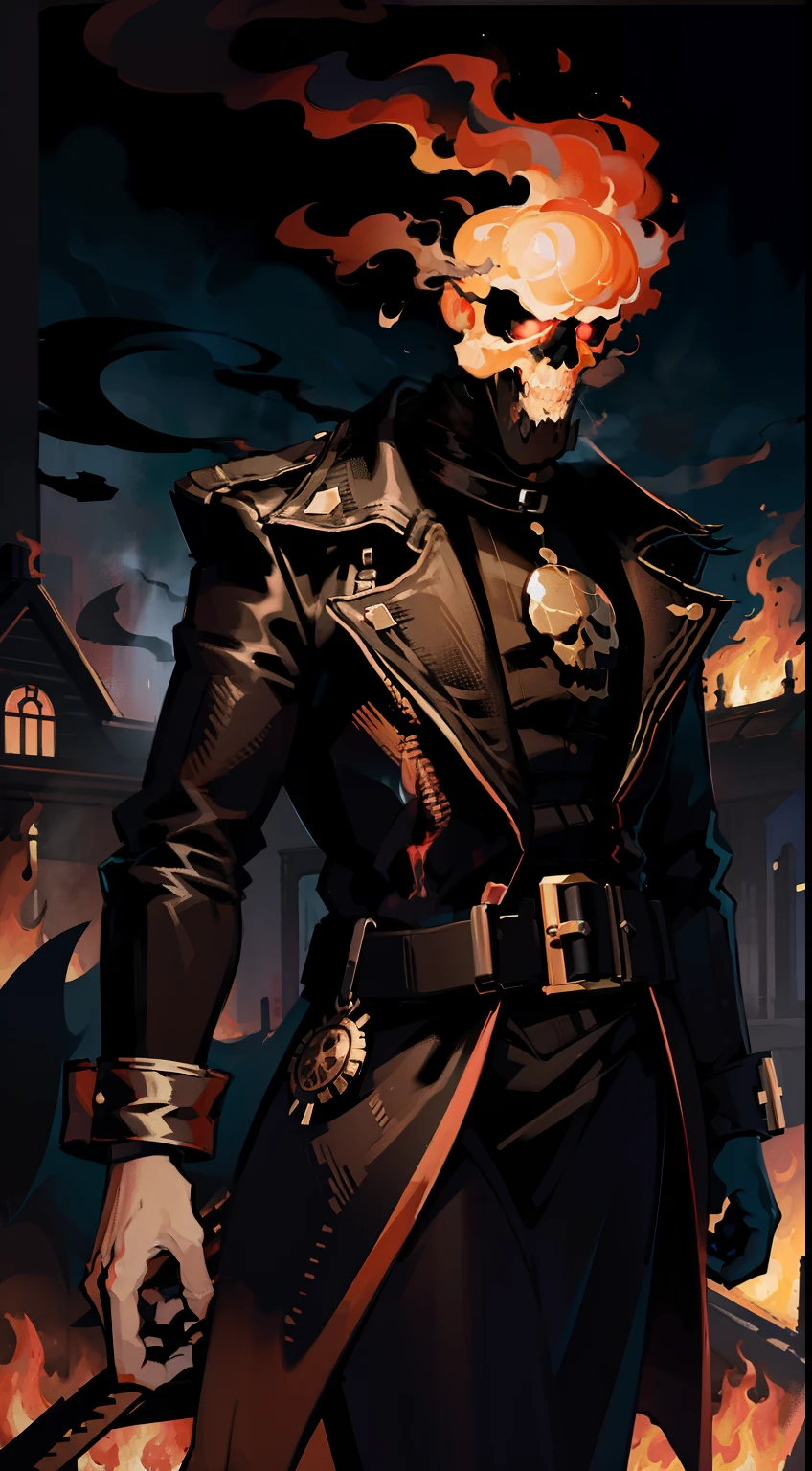 1man, masterpiece, gorgeous,strange head,fire skull head, fire, fire head, burning skull, coat, 4k, streets, buildings, gun, pistol, smoke, high details, gorgeous, 4k, BREAK close up, scary, no humans, cinematic, dramatic,contrast, detailed background, standing, night,fog, wallpaper, misteryous, digital art, artistic