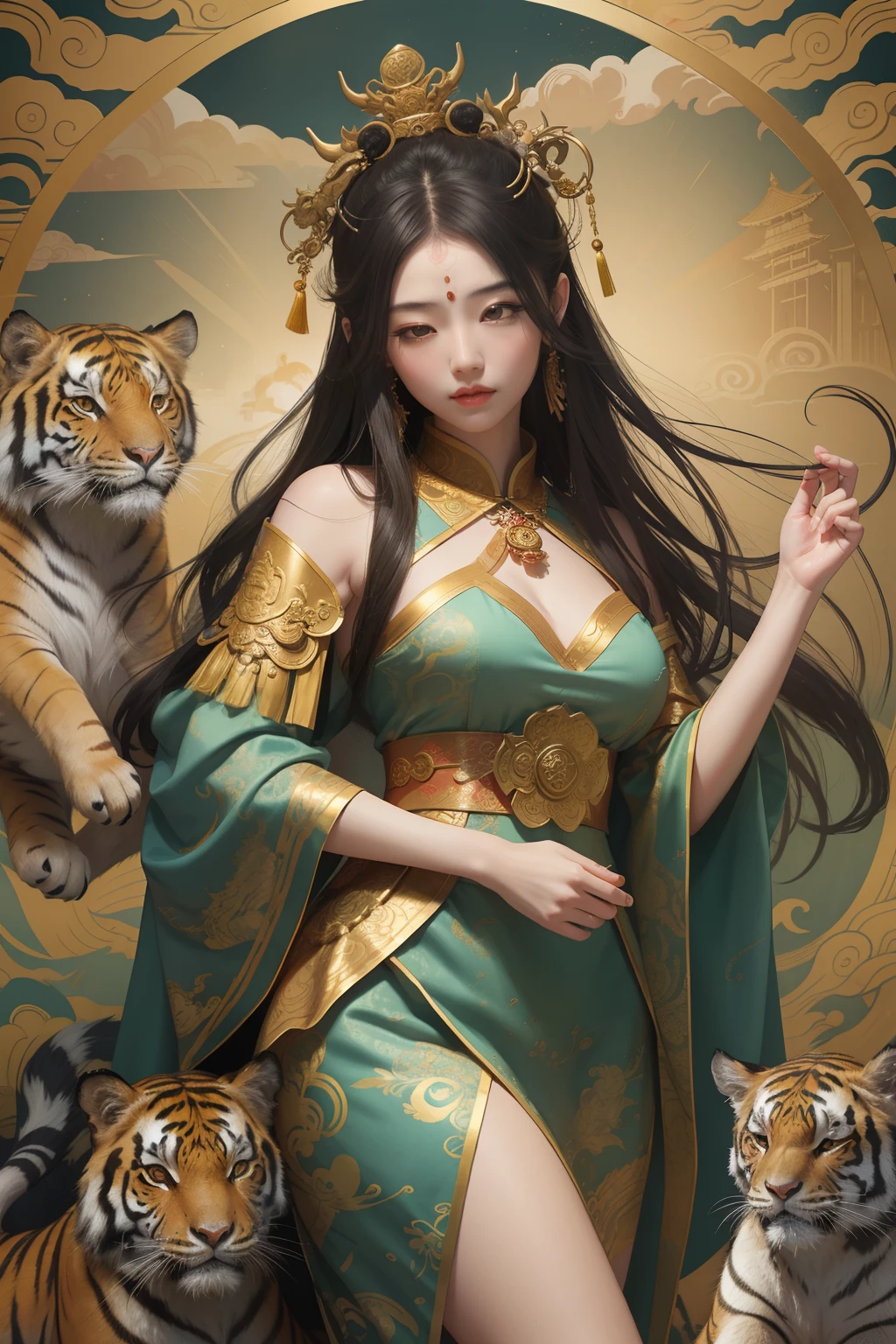 an ancient Chinese goddess, guanyin of the southern seas, Guanyin, Inspired by China, Avalokiteshvara rides a tiger,,Serene expression,shui mo hua,Buddha,Buddhist,Lotus,Chinese painting style,Thangka style
