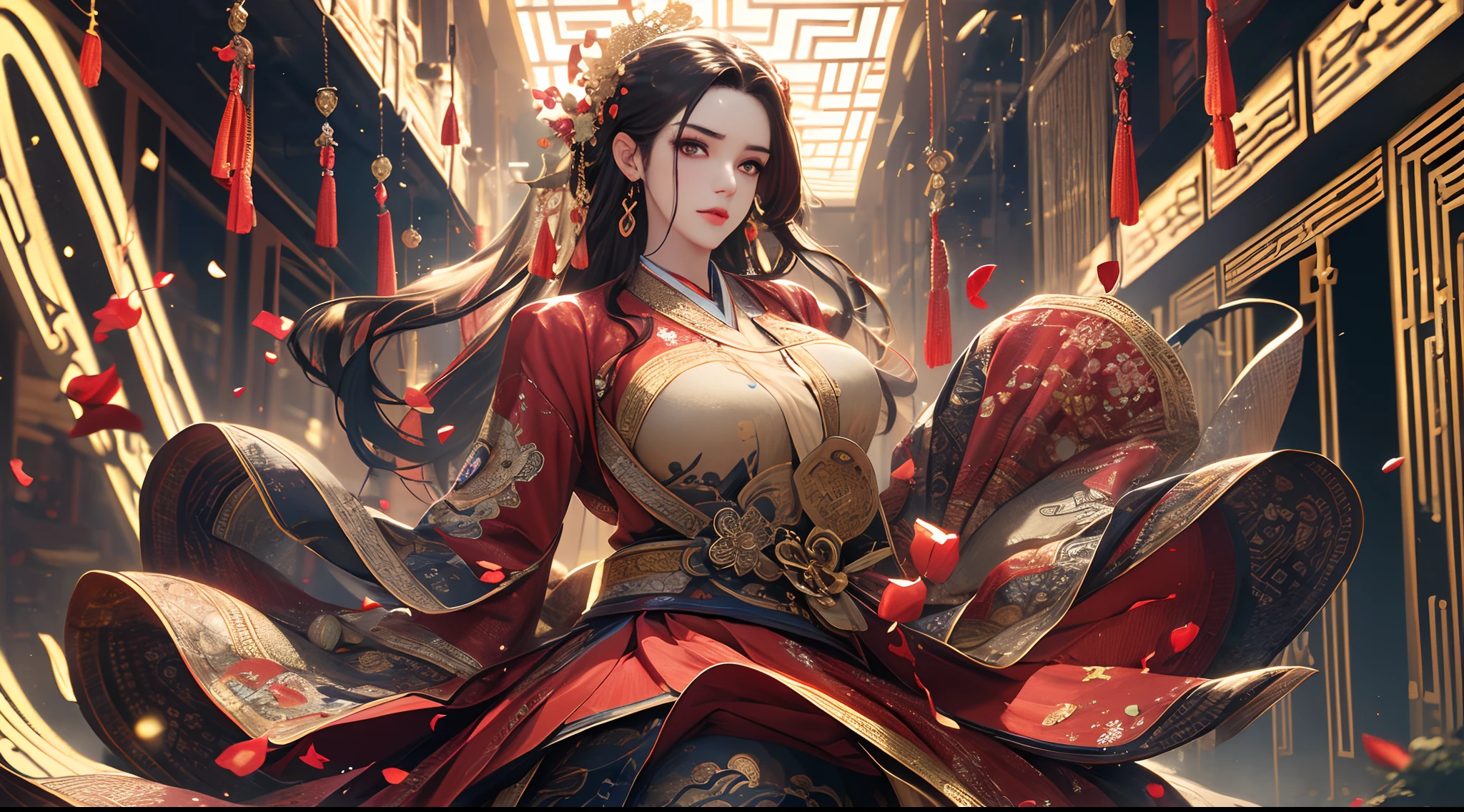 ((best qualtiy)), ((tmasterpiece)), (detail:1.4),hdr(HighDynamicRange),Ray traching,NVIDIA RTX,Hyper-Resolution,illusory 5,Wallpapers,PBR textures,post-proces,Anisotropy Filtering,Detailed skin texture,depth of fields,maximum definition and sharpness,Many-Layer Textures,((perfectly proportions:1:2)),rendering by octane,(((Meticulous expressions))),Two-colored light,largeaperture,,Fine pupils,Delicate face and eyes,long eyelasher,Blushlush,pink lip,Pure,Sweet girl,Artistic sense,Advancedsense,Weddings,falling red petals,((Long hair and waist,Hair fluttering in the wind)),(((Gorgeous gold jewelry,Full body like,red color Hanfu,cabelos preto e longos)))