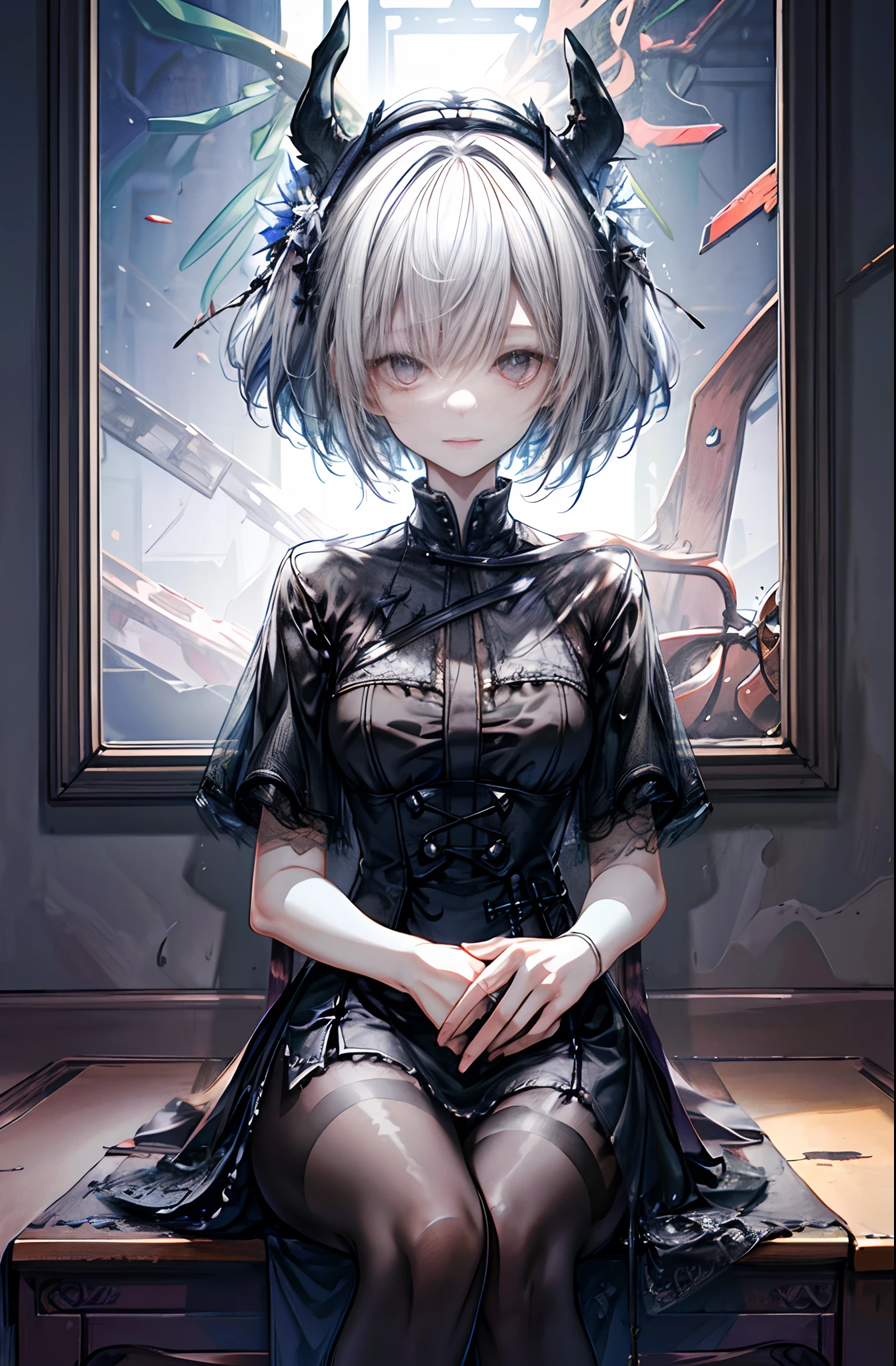 highly detailed wallpaper, Super detailed details, detailed shadow, very precise details, Very detailed 8k wallpaper, very fine 8KCG wallpaper,Old abandoned church. Sitting girl. Her long black dress is torn々It's dirty. Her white dull hair is long and hairy. Light is shining through cracked stained glass windows.highly detailed wallpaper, Super detailed details, detailed shadow, very precise details, Very detailed 8k wallpaper, very fine 8KCG wallpaper