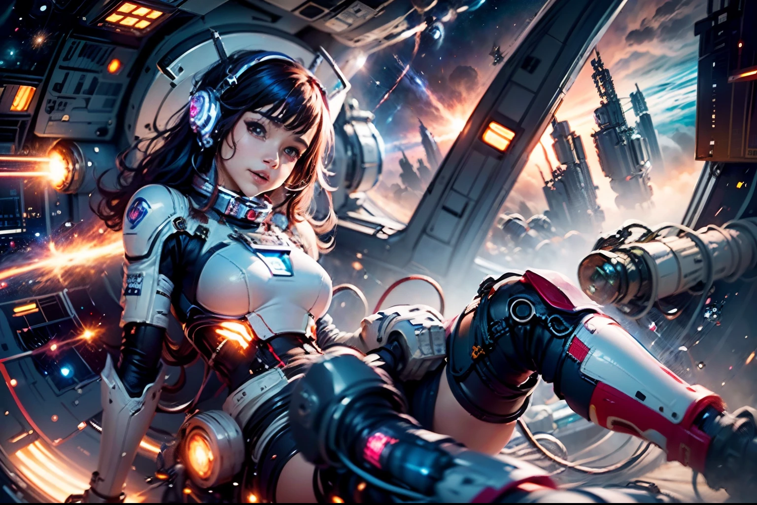pov from side, 1girl,(cowboy shot:1.2), sitting, (legs crossed:1.2),(sfw:1.2), space station, mecha, evil grin, remote in hand, pressing button, (big exploding spacestation in background:1.3) ,
