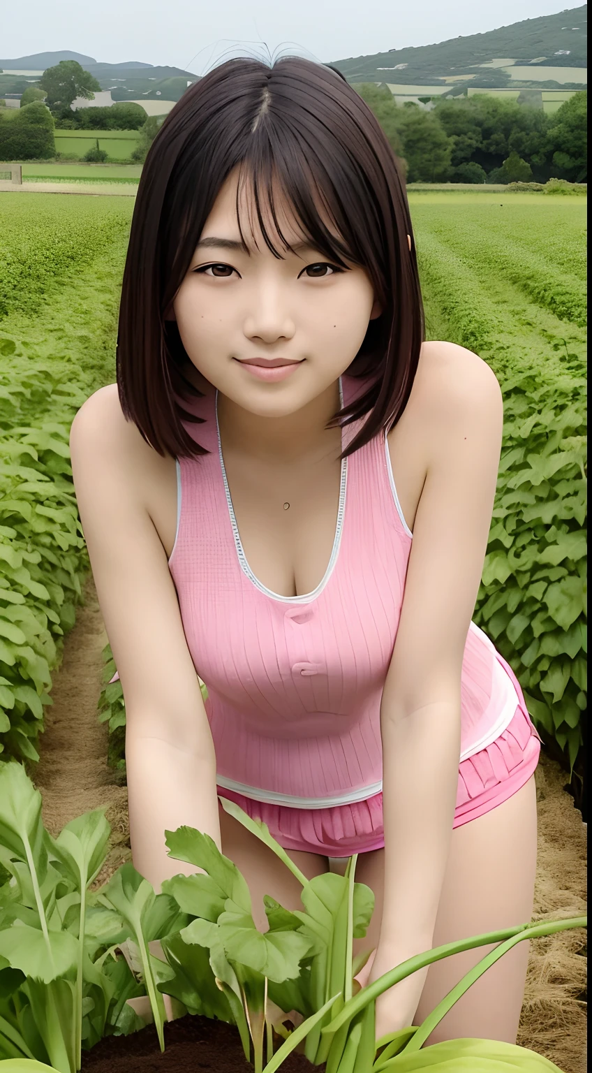 Japonesa a 21 anos, seios pequenos, olhos sensual sorrindo bonito, olhar frontal, cabelo curto, Planting vegetables, alface, farm, rural, Campo rural, cenoura, couve, pepino, arroz, Beanstalk, batata, milho, tomate, banana, qualidade realista