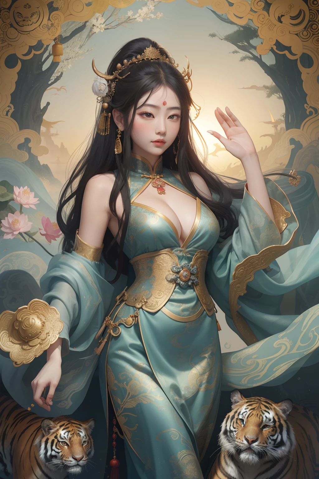 an ancient Chinese goddess, guanyin of the southern seas, Guanyin, Inspired by China, Avalokiteshvara rides a tiger,,Serene expression,shui mo hua,Buddha,Buddhist,Lotus,Chinese painting style,Thangka style