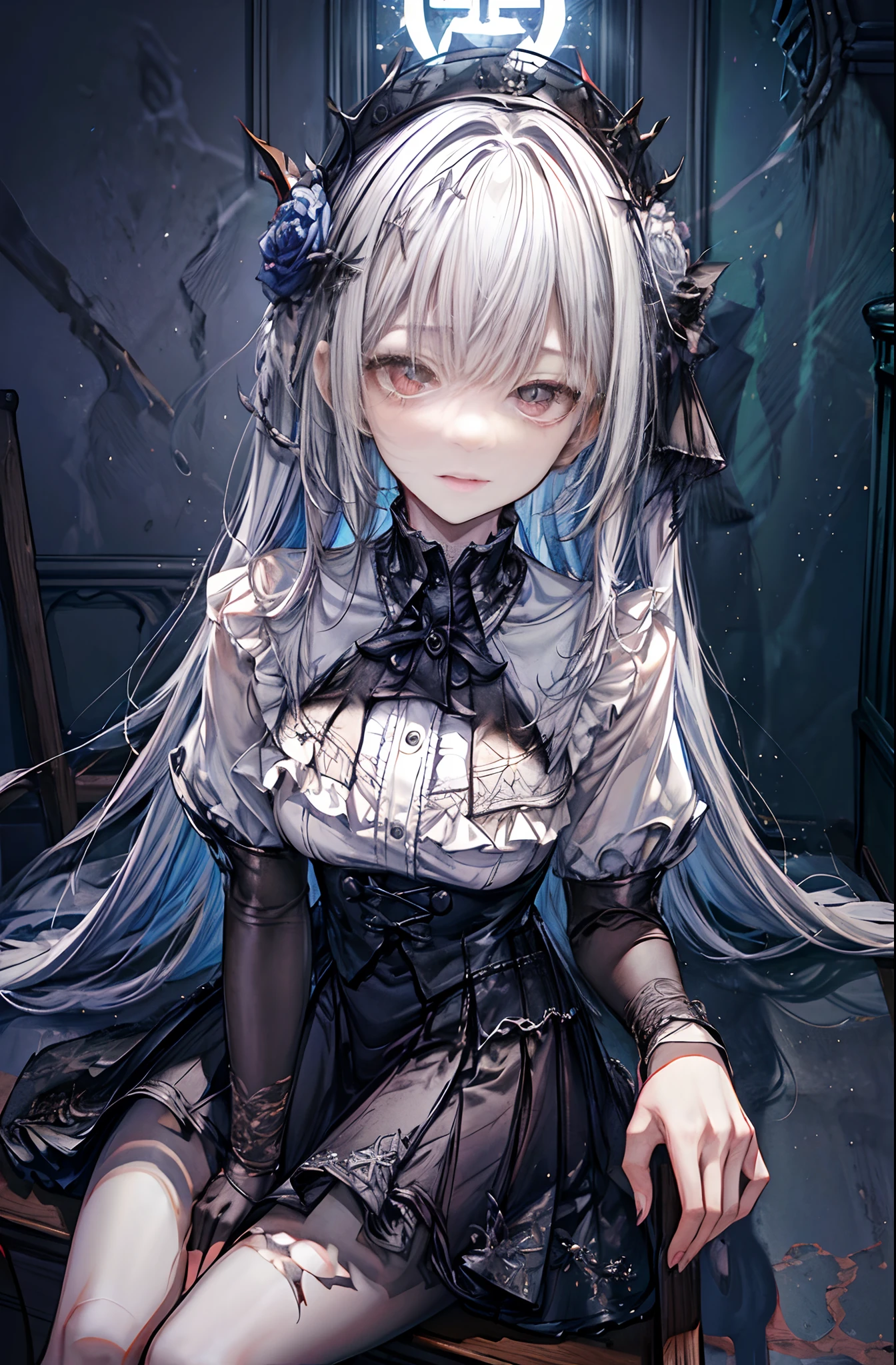 highly detailed wallpaper, Super detailed details, detailed shadow, very precise details, Very detailed 8k wallpaper, very fine 8KCG wallpaper,Old abandoned church. Sitting girl. Her long black dress is torn々It's dirty. Her white dull hair is long and hairy. Light is shining through cracked stained glass windows.highly detailed wallpaper, Super detailed details, detailed shadow, very precise details, Very detailed 8k wallpaper, very fine 8KCG wallpaper